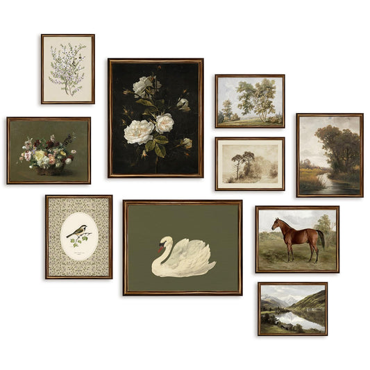 TWNSLLA Vintage Wall Art Decor,Vintage Botanical & Animal Canvas Wall Art,Dark Academia Floral Wildlife Landscape Paintings Pictures,Moody Neutral Tone Rustic Wall Decor for Living Room Bedroom Gallery,Unframed