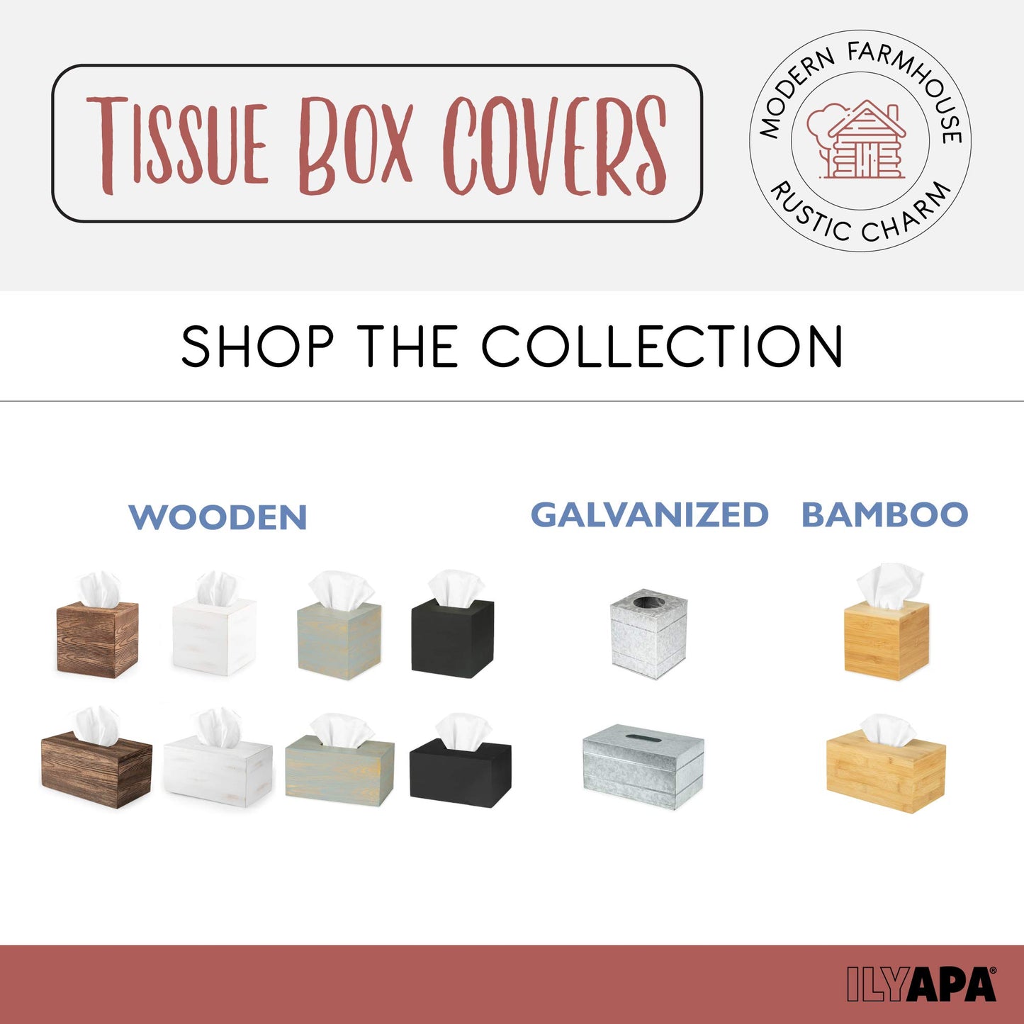 Ilyapa Wood Tissue Box Cover Square - Rustic Farmhouse White Wooden Tissue Holder