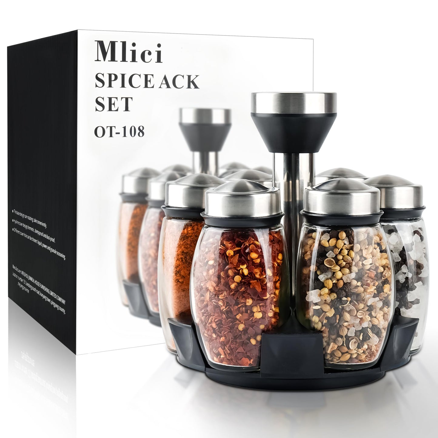 Mlici 6PC Spinning Glass Spice Jars - 360° Rotating Spice Rack Organizer with Jars, Stainless Steel Revolving Seasoning Holder Jars for Countertop Cabinet Kitchen Spices Cruets