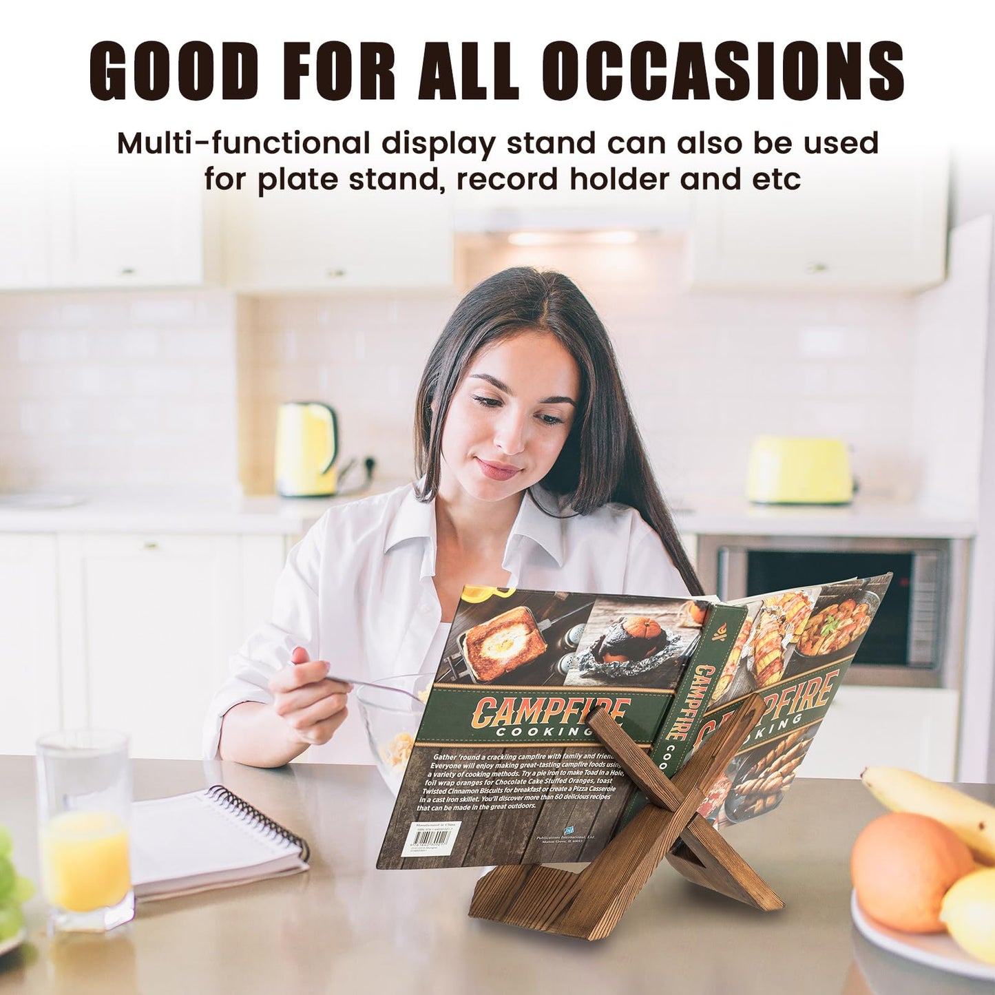 Cookbook Stand for Kitchen, Wooden Cookbook Holder, Recipe Book Holder for Kitchen Counter, Rustic Cook Book Holder Stand - Brown