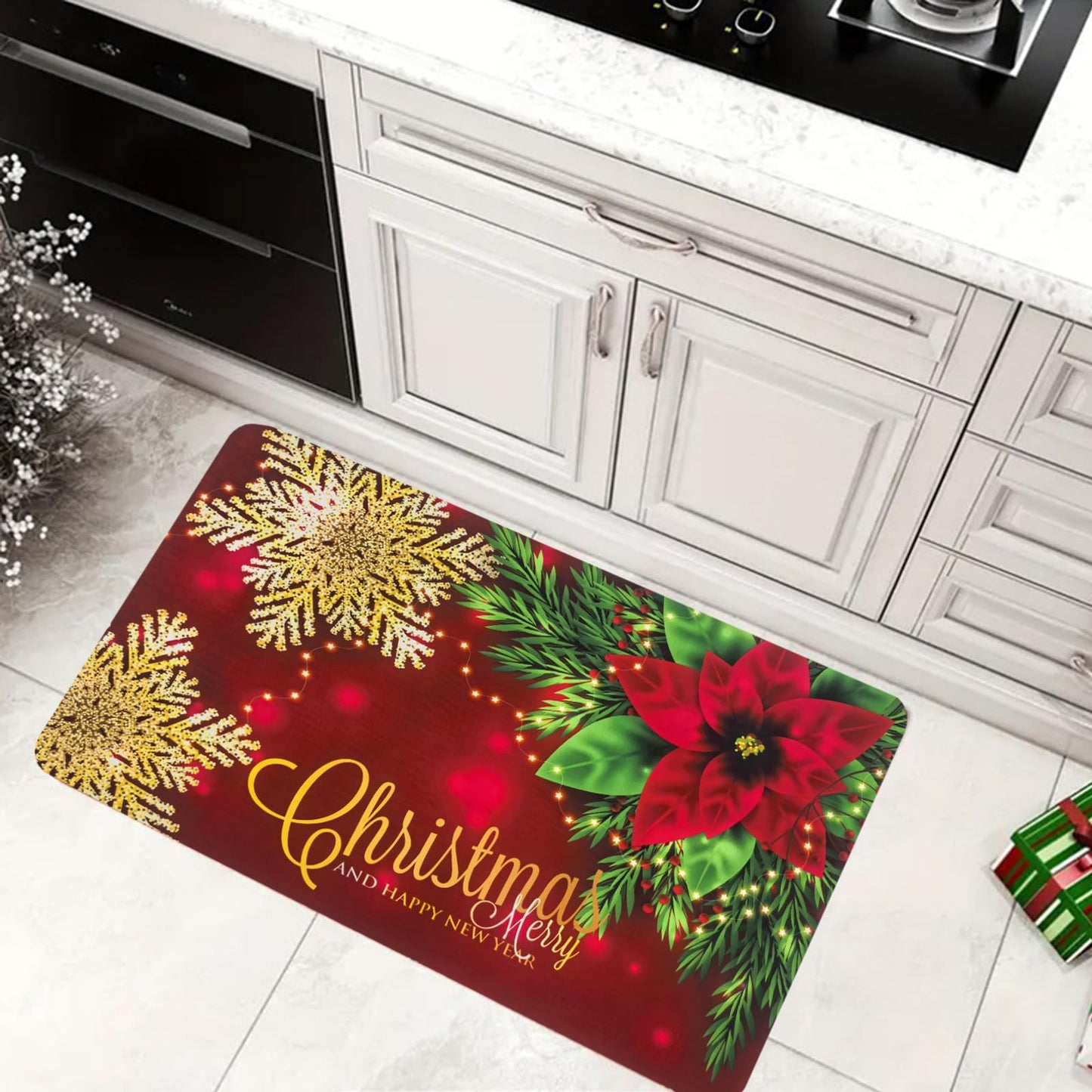 Christmas Door Mat 17x30 Inches, Non-Slip Silicone Holiday Floor Mat with Festive Design for Indoor & Outdoor, Washable Kitchen Bathroom Entryway Mat