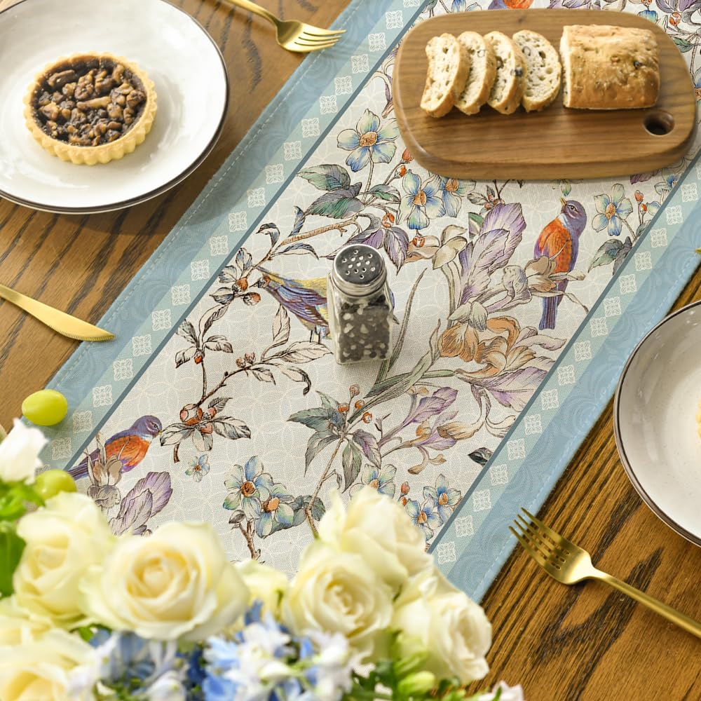 Artoid Mode Blue Birds Flowers Blossom Table Runner, Seasonal Spring Floral Kitchen Dining Table Decoration for Home Party Decor 13x72 Inch
