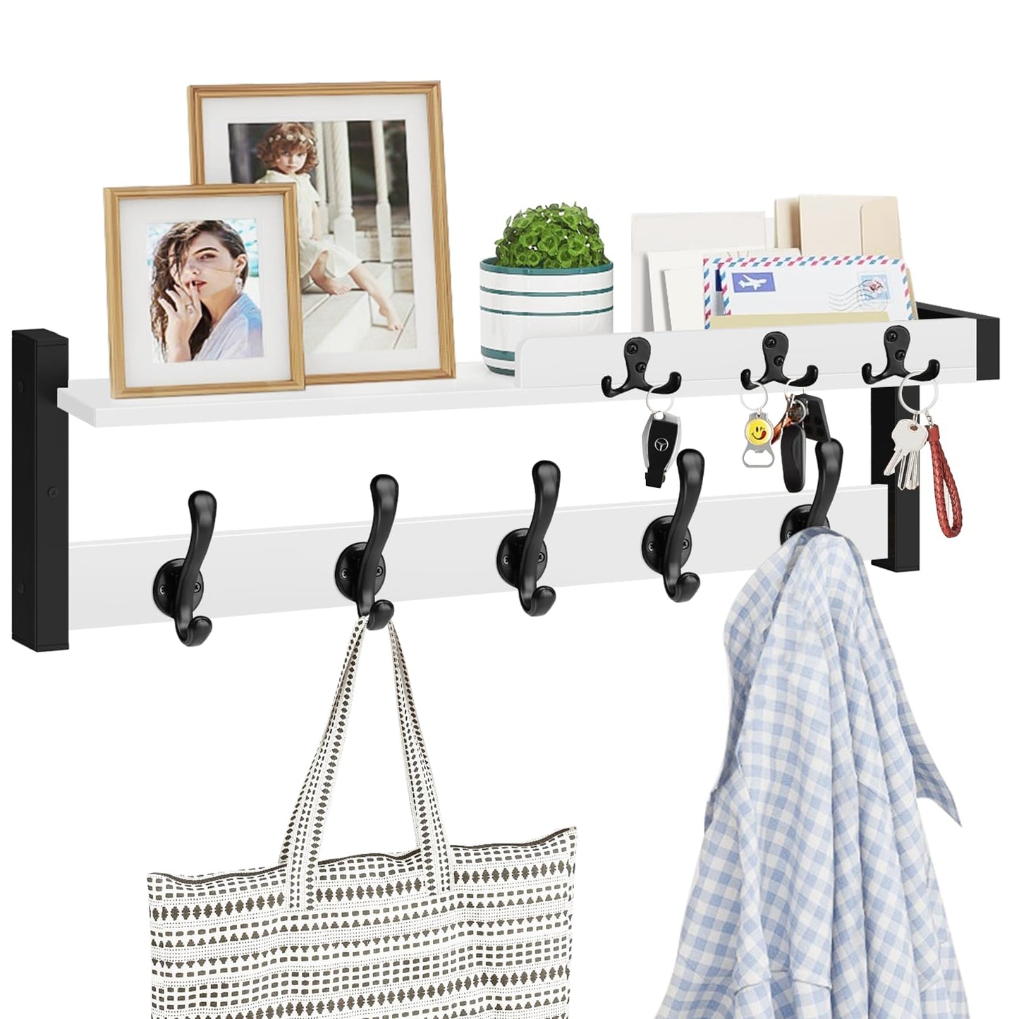 Homode Coat Rack Wall Mount, 29" Modern Floating Shelf with Key and Mail Holder, Wooden Entryway Hanging Shelf with Hooks and Storage for Hat Towel Jacket Purse Backpack Dog Leash, White