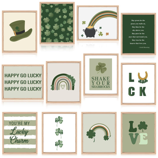 HCEWSBFD 12PCS St. Patrick's Day Wall Art Print Boho Lucky Clover Shamrock Vintage Irish Wall Art Prints Set Decor Minimalist St. Patrick's Day Watercolor Posters Aesthetic Room Picture Decor