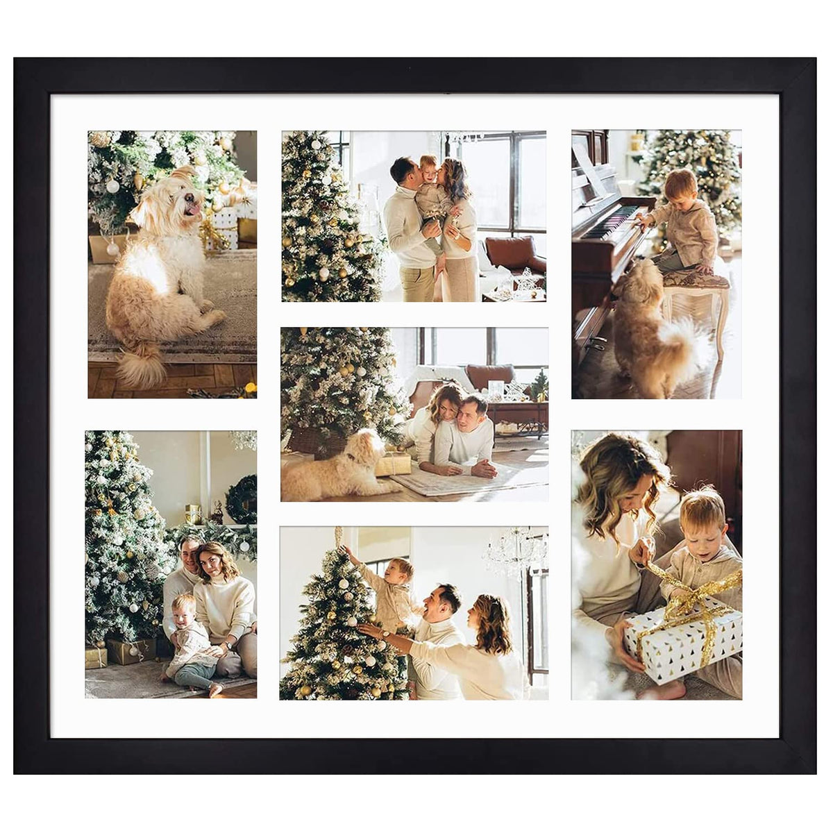 Golden State Art, 13.7x15.7 Matted Black Wood 7-Opening for 4 x 6 Collage Picture Frame