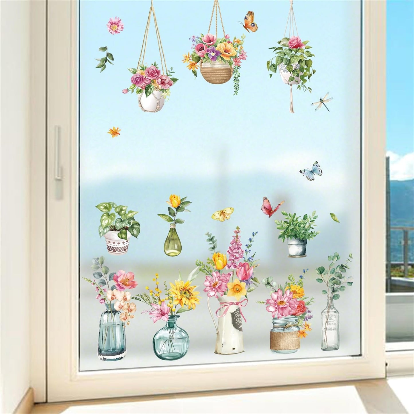 decalmile Potted Plants Window Clings Flowers Plants Easter Window Decals Anti-Collision Glass Doors Window Stickers