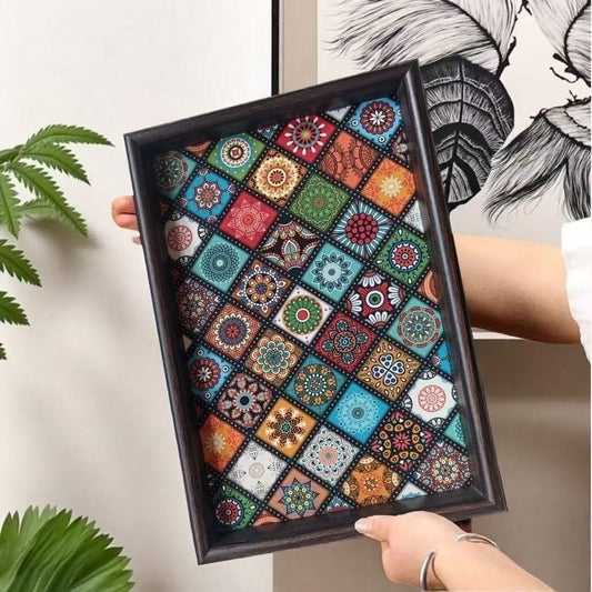MIUPOO Wood Flat Jewelry Tray,Perfume Key Trinket Ring Trays,Bathroom Vanity Tray,Wooden Valet Trays,Boho Wall Art Wooden Bohemian Wall Decor, 1 Piece. (Colored Lattice, M)