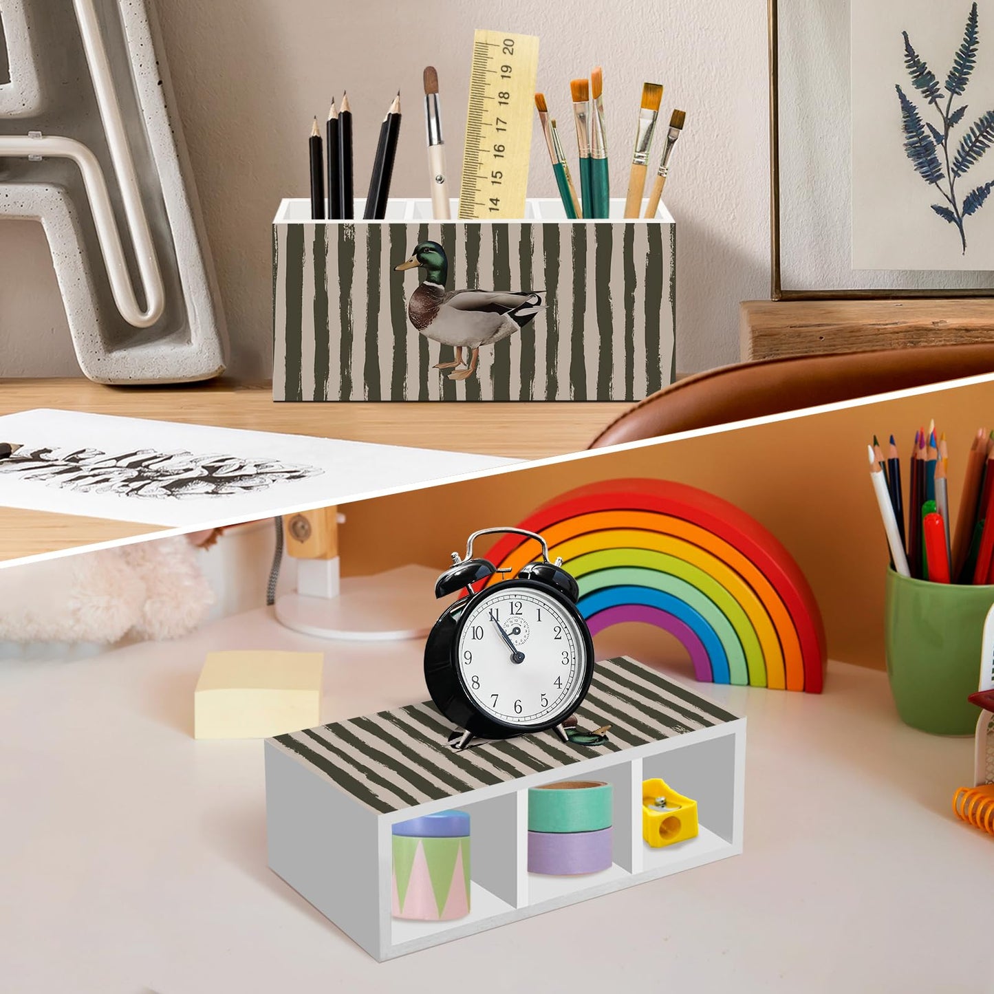 nvucamd Mallard Duck Pen Pencil Holder for Desk, Preppy Olive Ducks Office Desk Accessories, Trendy Cute Mallard Duck Pen Holders Organizer for Nursery Classroom Bathroom