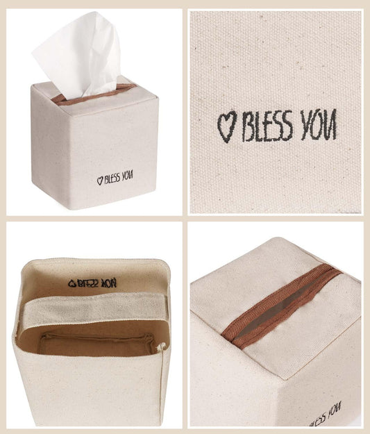 Livelab Tissue Box Cover Square, Chic Canvas Tissue Box Holder with Embroidery Text Decor, Stylish Tissue Case Facial Paper Cube Cover for Your Home, Officce and Bathroom | Ivory