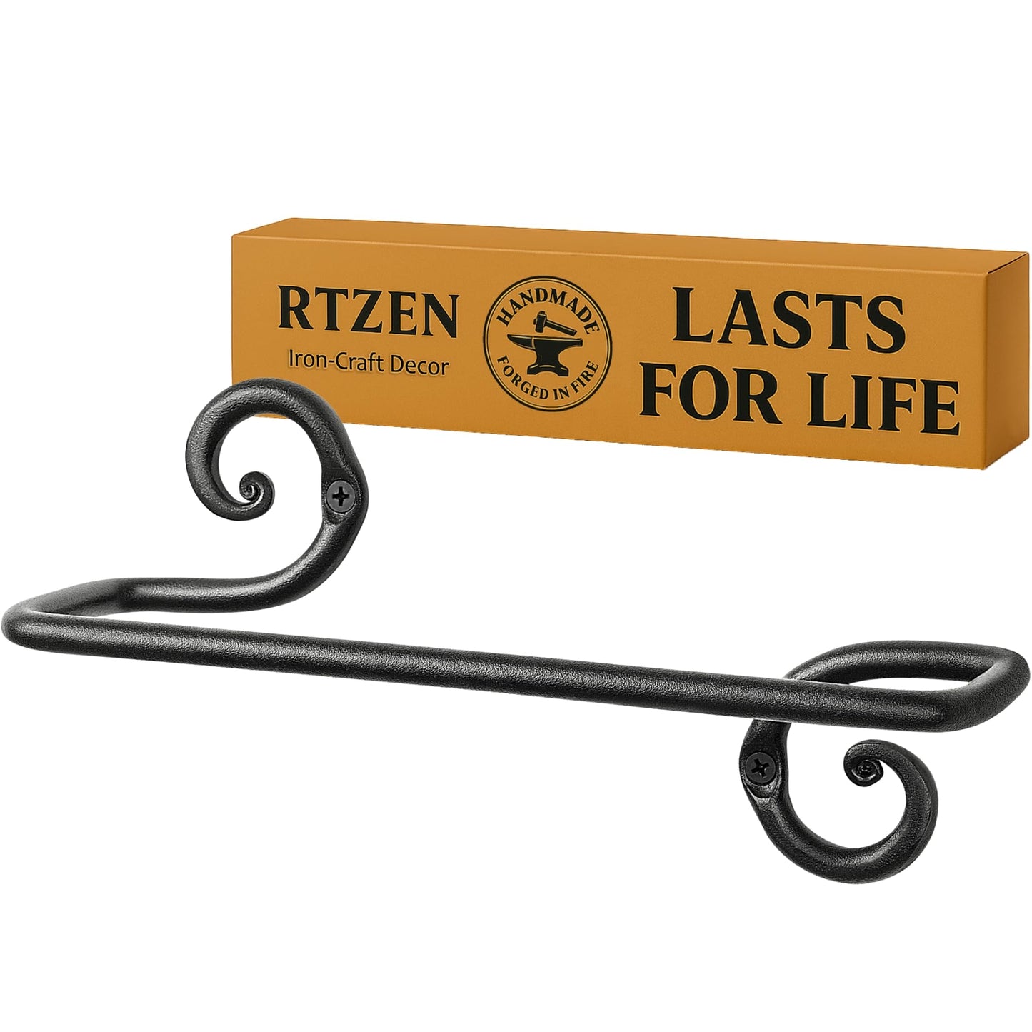 RTZEN Matte Black Hand Towel Holder for Bathroom - Handcrafted Farmhouse Wrought Iron Metal Kitchen Bar - Small Hand Towel Bar Hanger for Home or Office - Wall Mounted Rack Fits 10" Towels