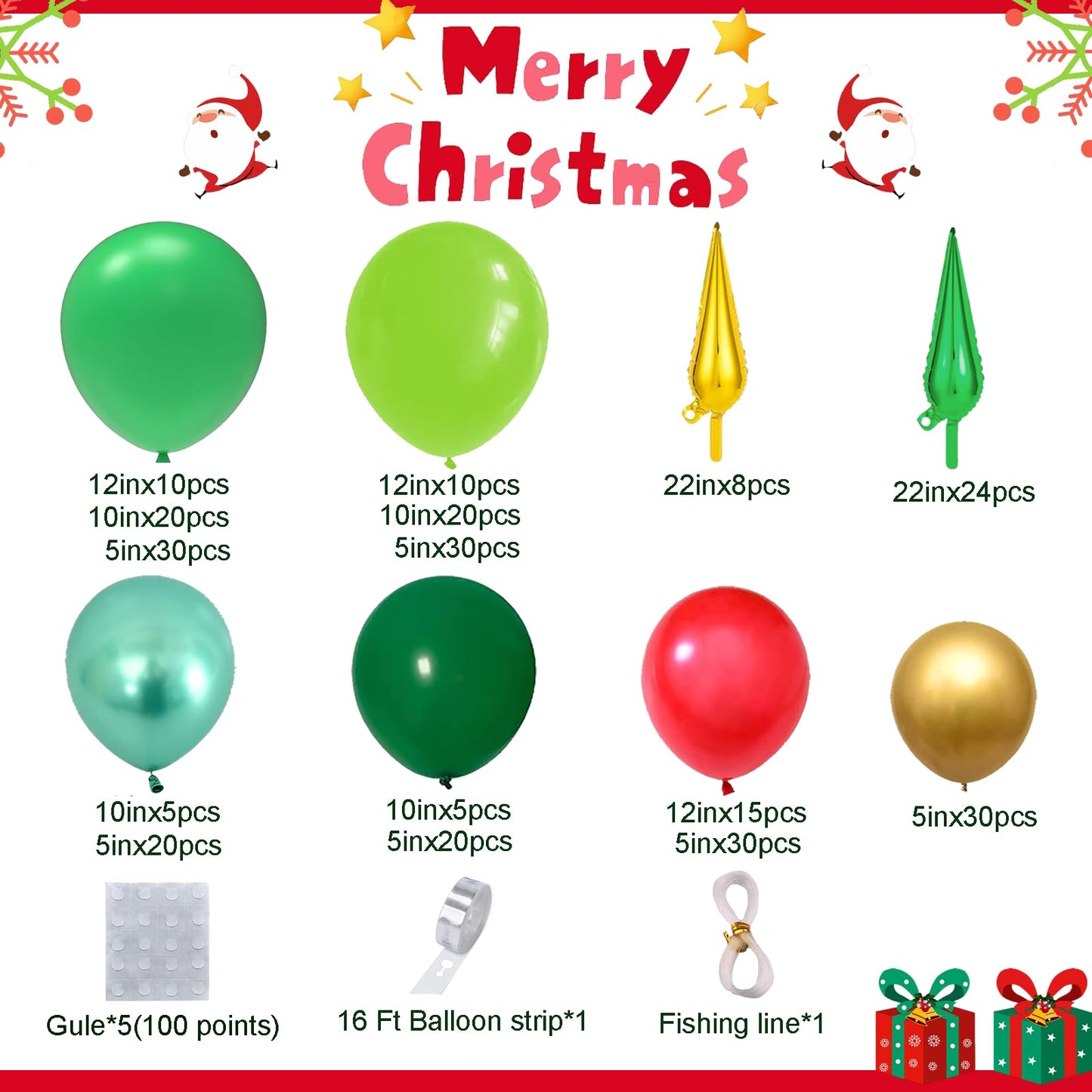 AobkDeco 284PCS Christmas Balloon Garland Arch Kit With lime Green Dark green Red Balloons Exploding Star Balloons for Christmas Party Decorations Supplies