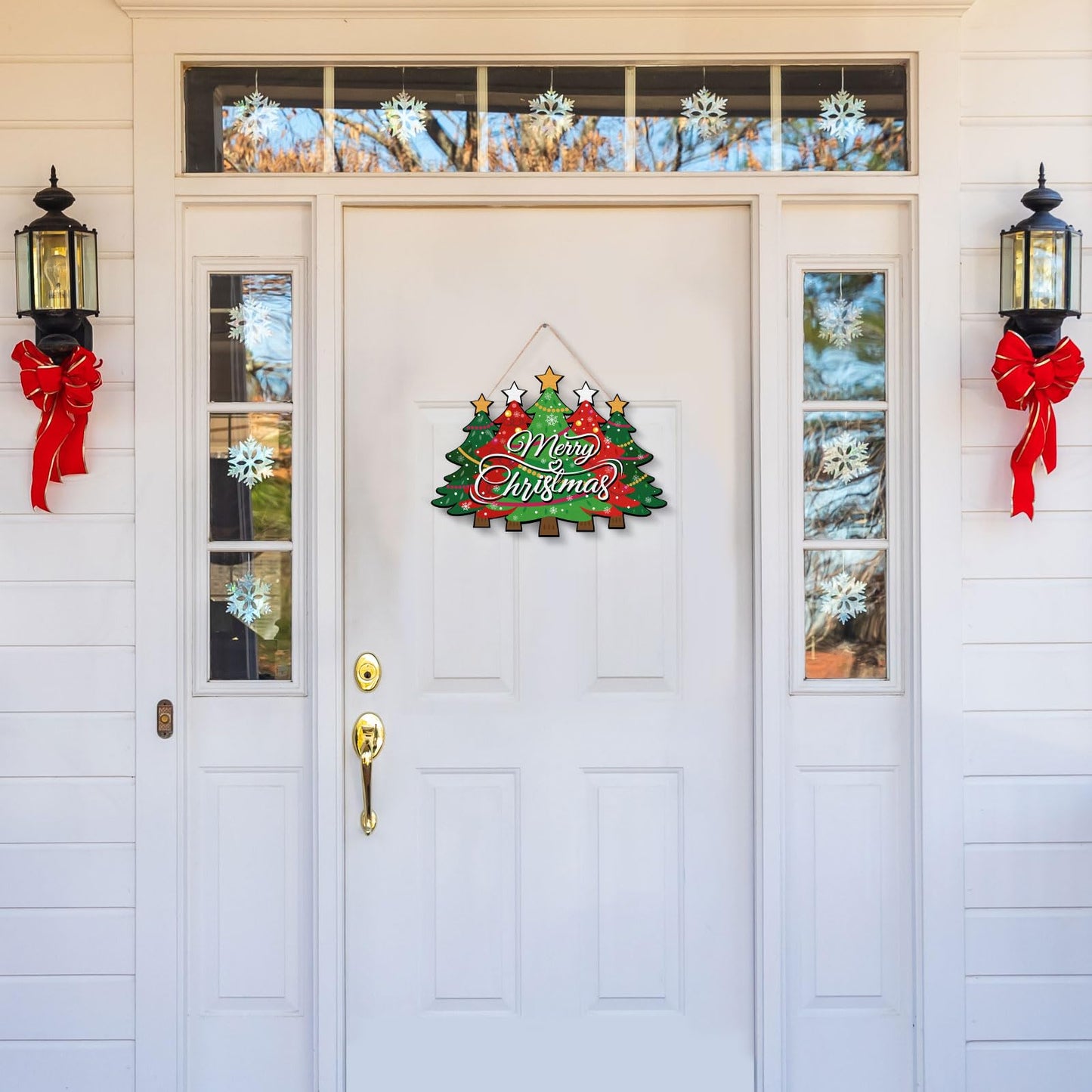 Merry Christmas Door Sign,Christmas Decor, Tree Wood, Decorations Hanging Sign,Merry Welcome Sign,Farmhouse Hanging Plaque Porch Xmas Front Outdoor Home Decor