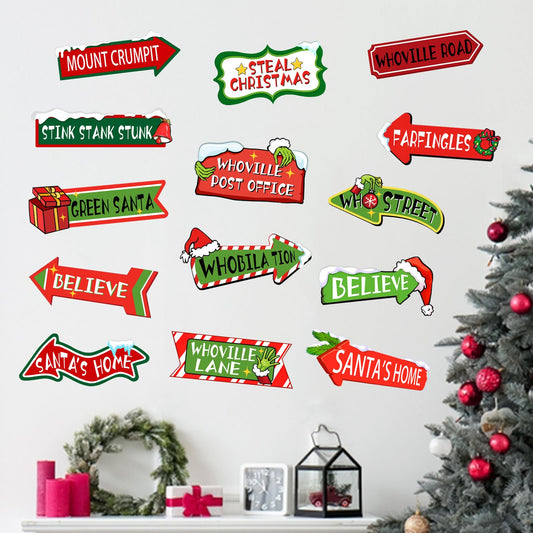 Mfault Christmas Whoville Wall Decals Stickers, Funny Xmas Red Green Road Signs Decorations Bedroom Art, Winter Holiday Gifts Home Kitchen Living Room Decor
