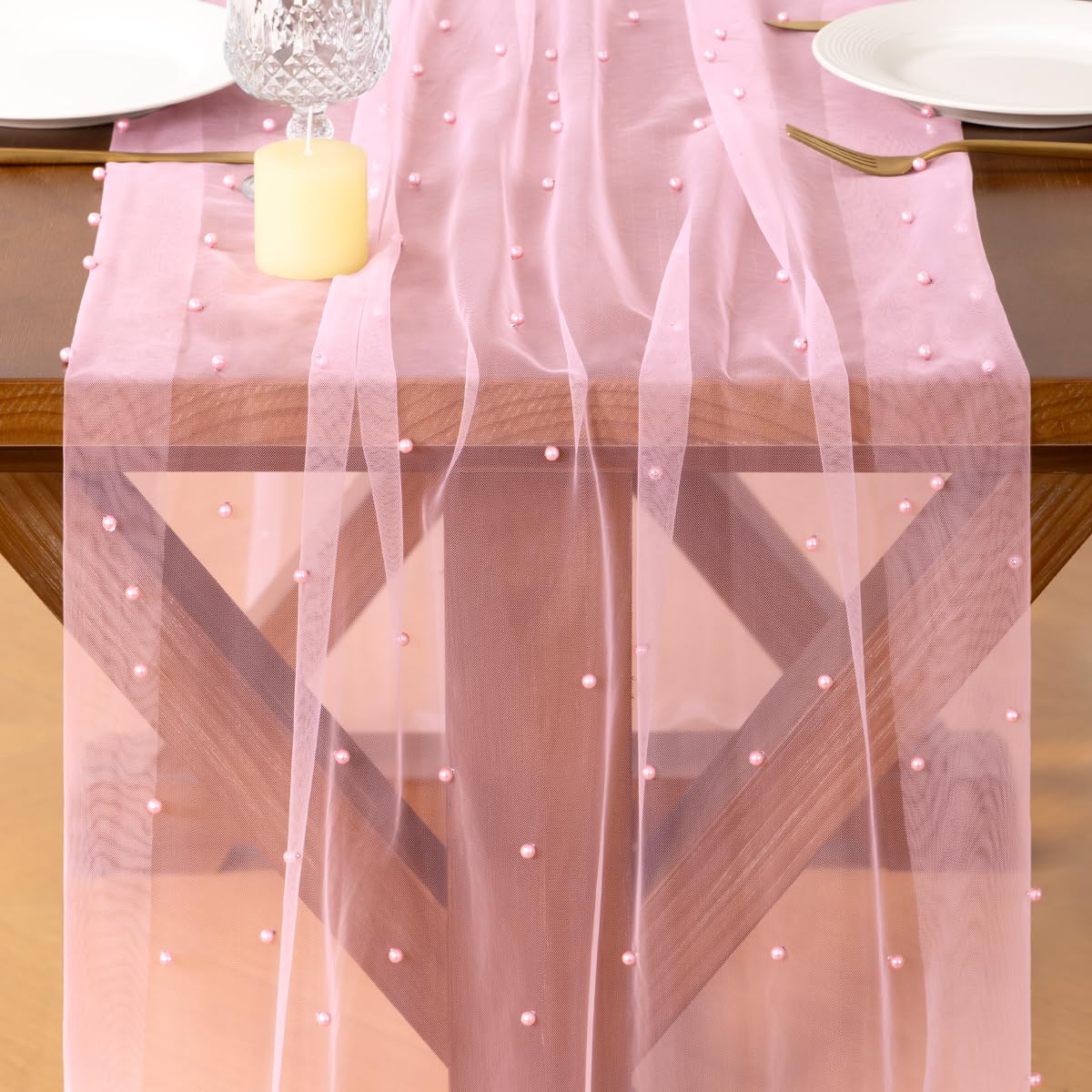Socomi Pearl Table Runner Tulle Pink Summer Cheesecloth 10FT Gauze Cheese Cloth Sheer Chiffon Dining Wedding Birthday Party Baby Shower Bridal Engagement Anniversary Holiday Centerpiece Table Decor