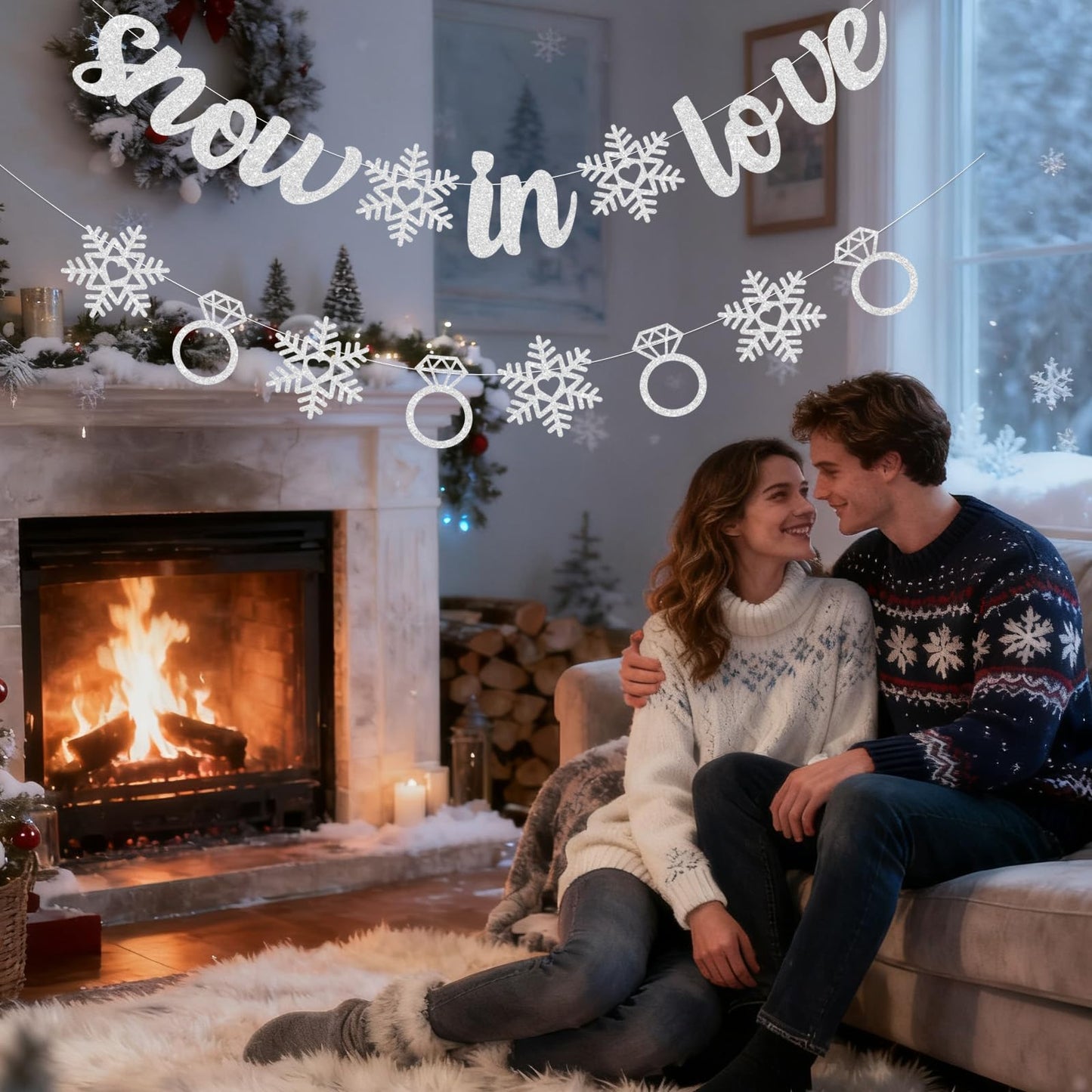 Pre-Strung Snow in Love Banner Glitter Winter Bridal Shower Decorations Banner Snowflake Ring Garland for Winter Christmas Wedding Decor Engagement Party Decorations (Silver)