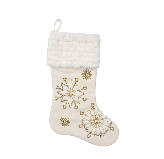 Comfy Hour 18" Gold Snowflake Christmas Stocking, Rustic Antique Vintage Style Holiday Home Decor, Sequin Embroidered Figurine Style Mantel Decoration, Cream