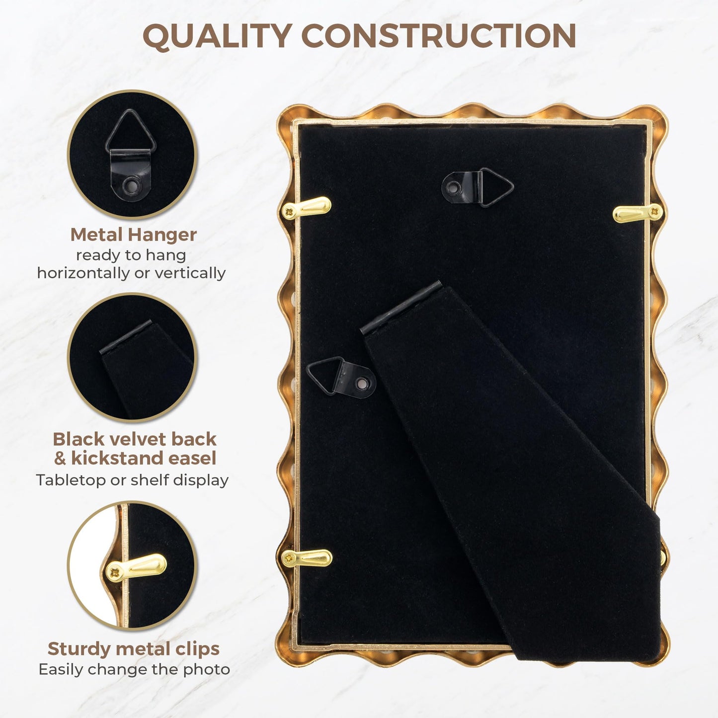 RICHFOCUS 4x6 Gold Picture Frame, Modern Zinc Alloy Photo Frame with Water Droplet Design, Mat for 3x5 Photo, Heavy Duty Metal Frame with Tempered Glass & Velvet Back for Tabletop & Wall Decor