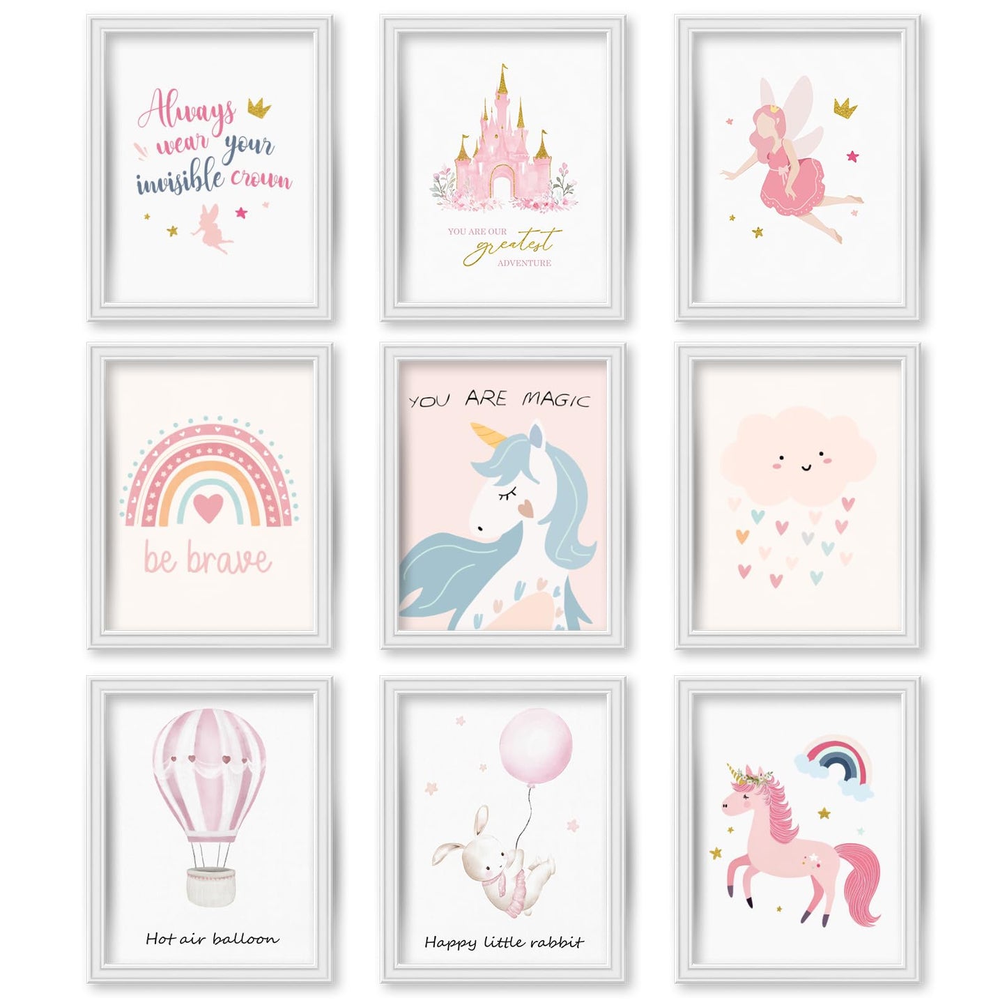 JJY 9 Pcs Cartoon Castle Wall Art Decor for Girls Room -Inspirational Rainbow Wall Art Prints -Whimsical Rabbit & Hot Air Balloon Wall Decor Posters Aesthetic for Kids Room Lovely Gift (Unframed)