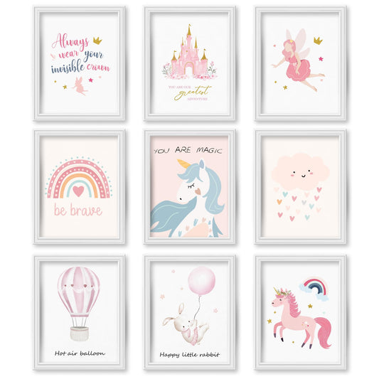 JJY 9 Pcs Cartoon Castle Wall Art Decor for Girls Room -Inspirational Rainbow Wall Art Prints -Whimsical Rabbit & Hot Air Balloon Wall Decor Posters Aesthetic for Kids Room Lovely Gift (Unframed)