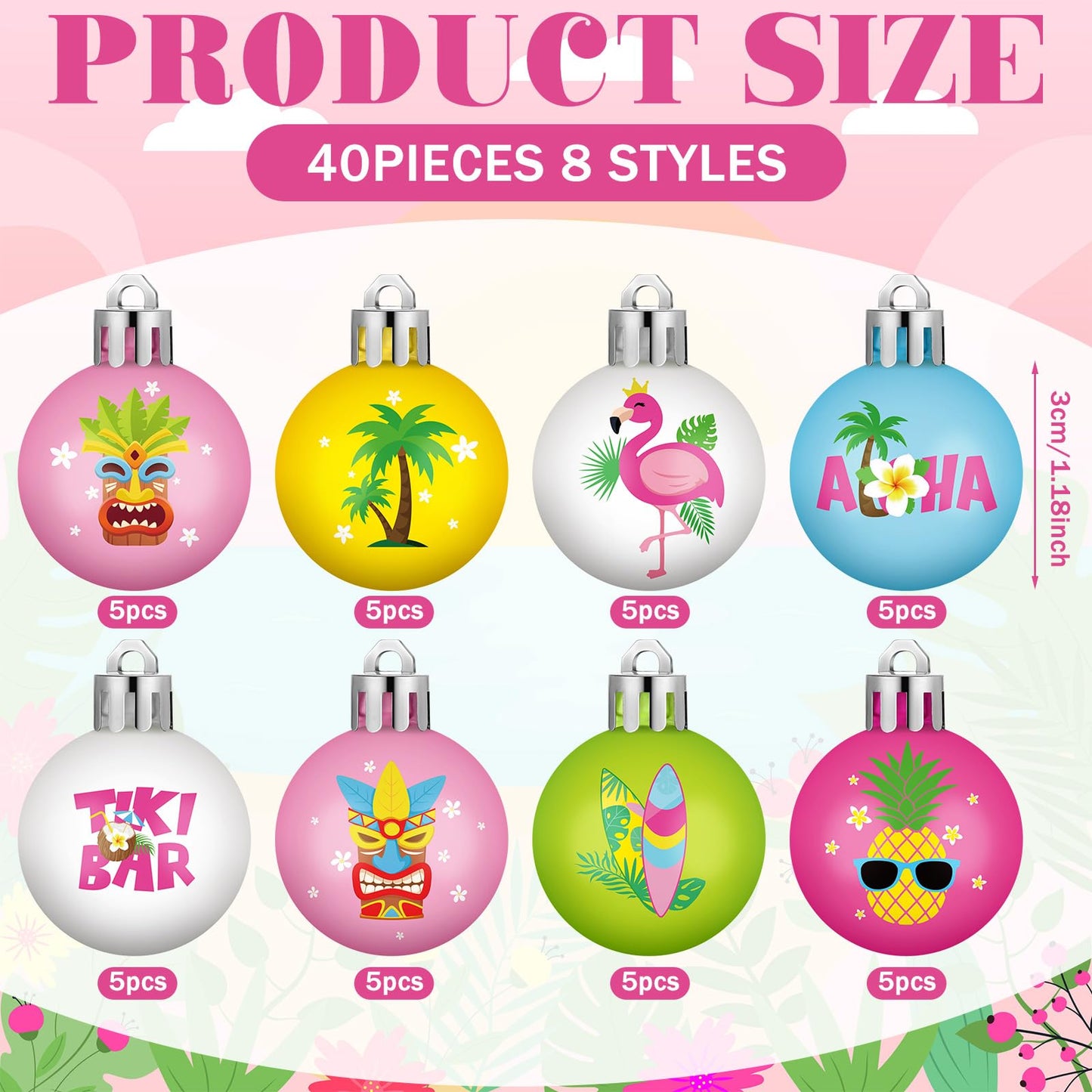 HyDren 40 Pcs Mini Summer Tree Ornaments Tropical Luau Ornaments 1.2 Inch Tiki Bar Mini Tree Decorations Pastel Flamingo Surboard Pineapple Palm Beach Tropical Ball Decorations for Holiday Party
