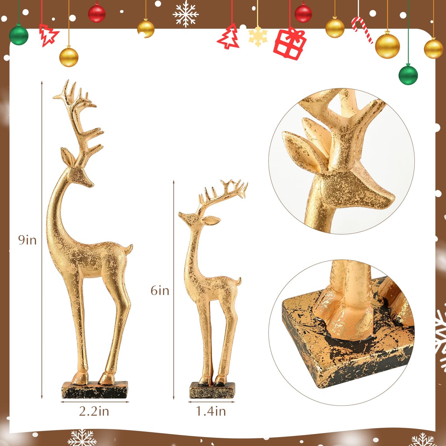 Pawliss Resin Christmas Table Decor: 2pcs Golden Christmas Reindeer Figurines Set, Luxury Glitter Tabletop Centerpiece Ornaments, Farmhouse Winter Holiday Home Office Mantel Decor Party Supplies Gifts