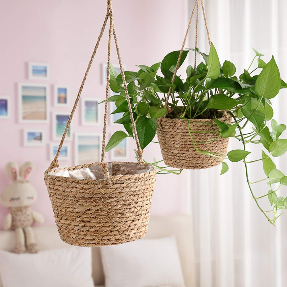 MEUMITY Hanging Planter Basket, Rattan Woven Plant Hanger with Plastic Liner Macrame Plant Holder Storage Organizer for Plants Indoor Outdoor(#1)