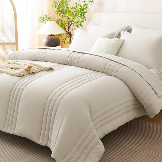 CozyLux Queen Size Comforter Sets - 7 Piece Bed in a Bag Beige Comforter Set with Sheets Luxury Queen Bed Set All Seasons, Soft Bedding Set with Down Alternative Comforter, Sheets, Pillowcases & Shams
