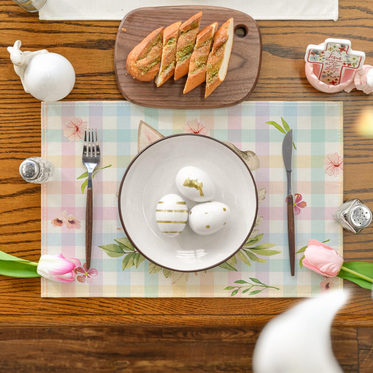 Artoid Mode Colourful Buffalo Plaid Bunny Ears Flower Easter Placemats Set of 4, 12x18 Inch Seasonal Holiday Table Mats for Party Kitchen Dining Decoration
