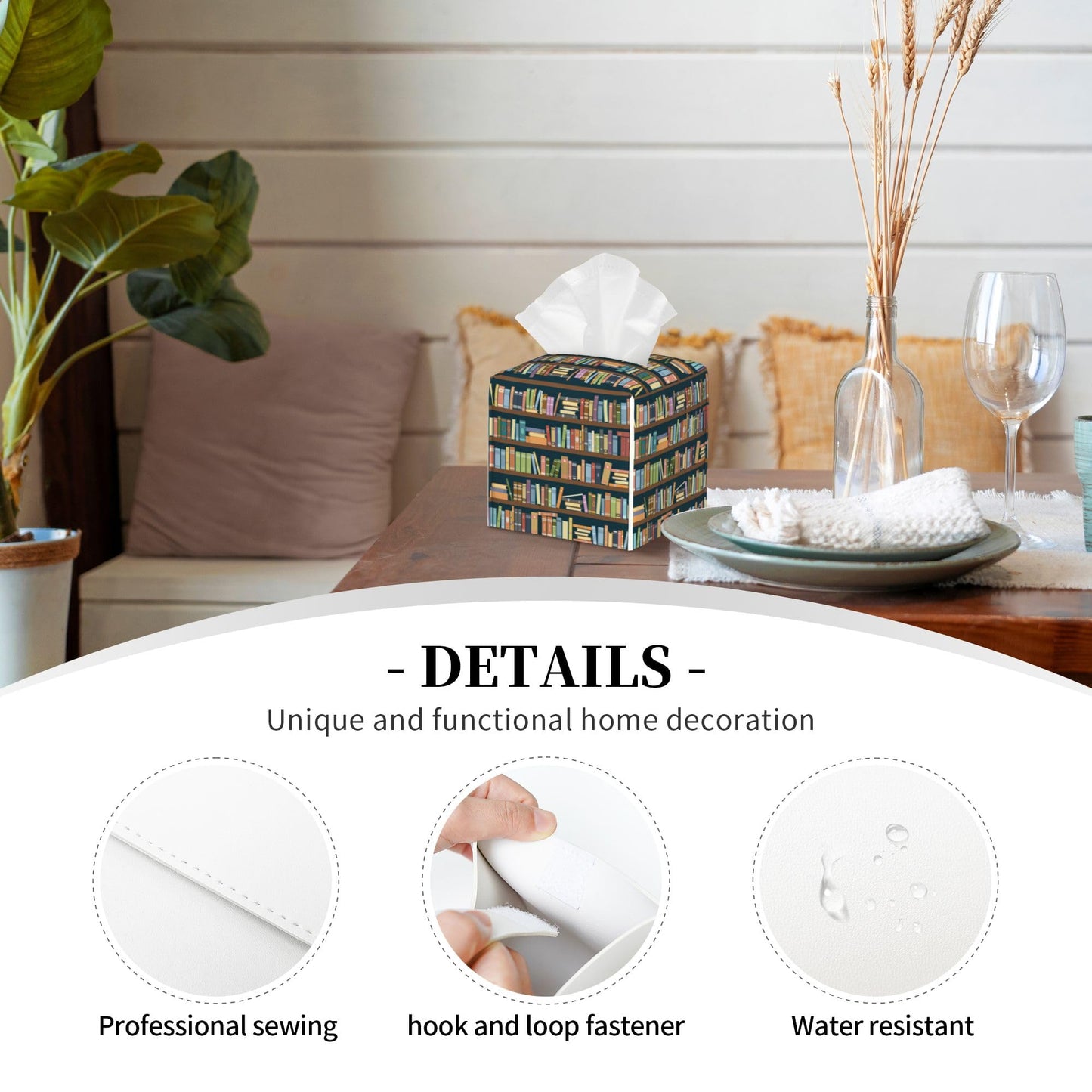 POIUBLE Tissue Box Holder Bookshelves Full of Books Tissue Box Cover Square Leather Tissue Holder Organizer Portable Decorative Facial Paper Case for Home Office Bathroom Vanity Countertop