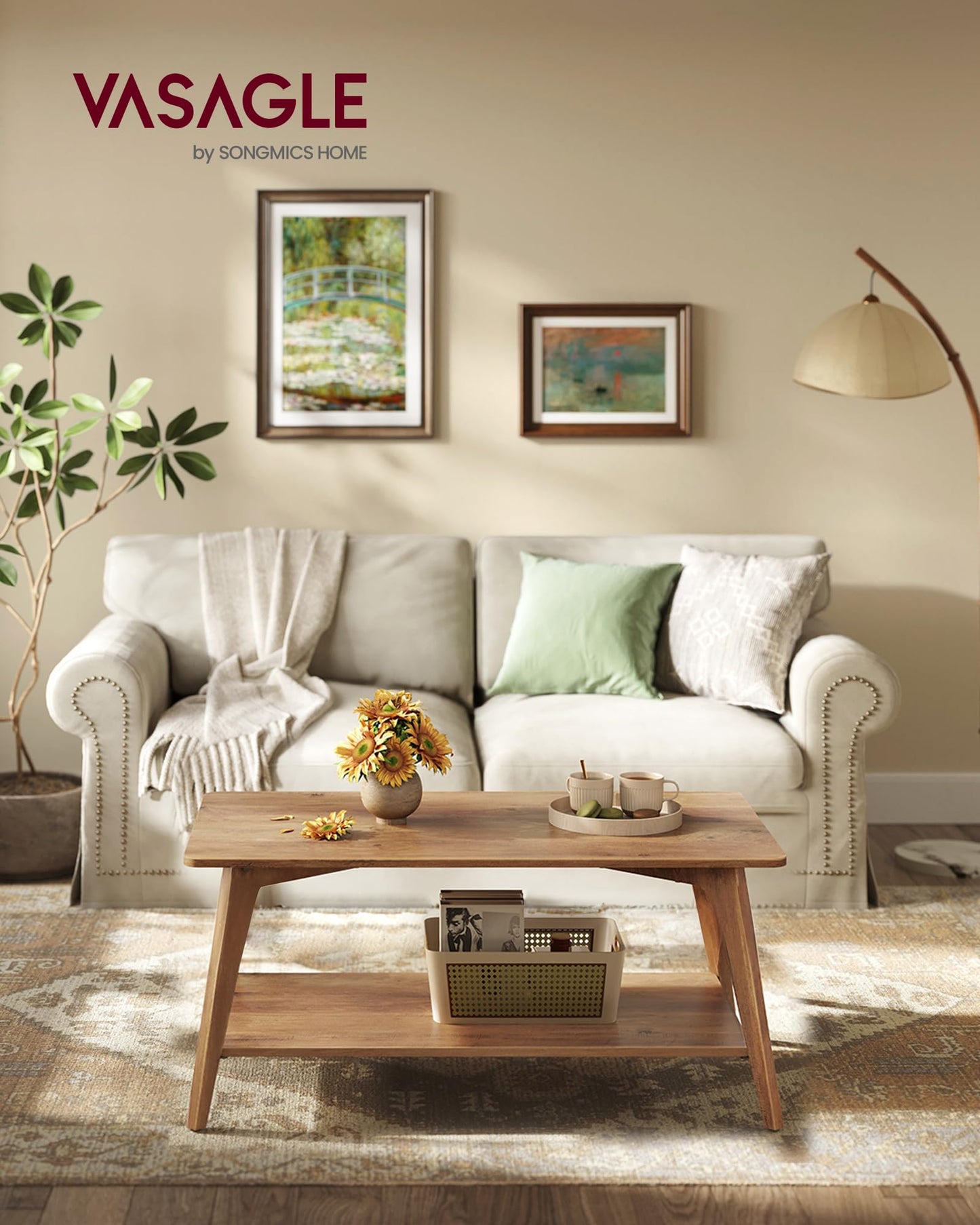 VASAGLE MAEZO Collection - Coffee Table, 2-Tier Center Table with Storage, Tapered Legs, Curved Transitions, 21.7 x 39.4 x 17.7 Inches, Easy to Assemble, for Living Room, Honey Brown ULCT249K01