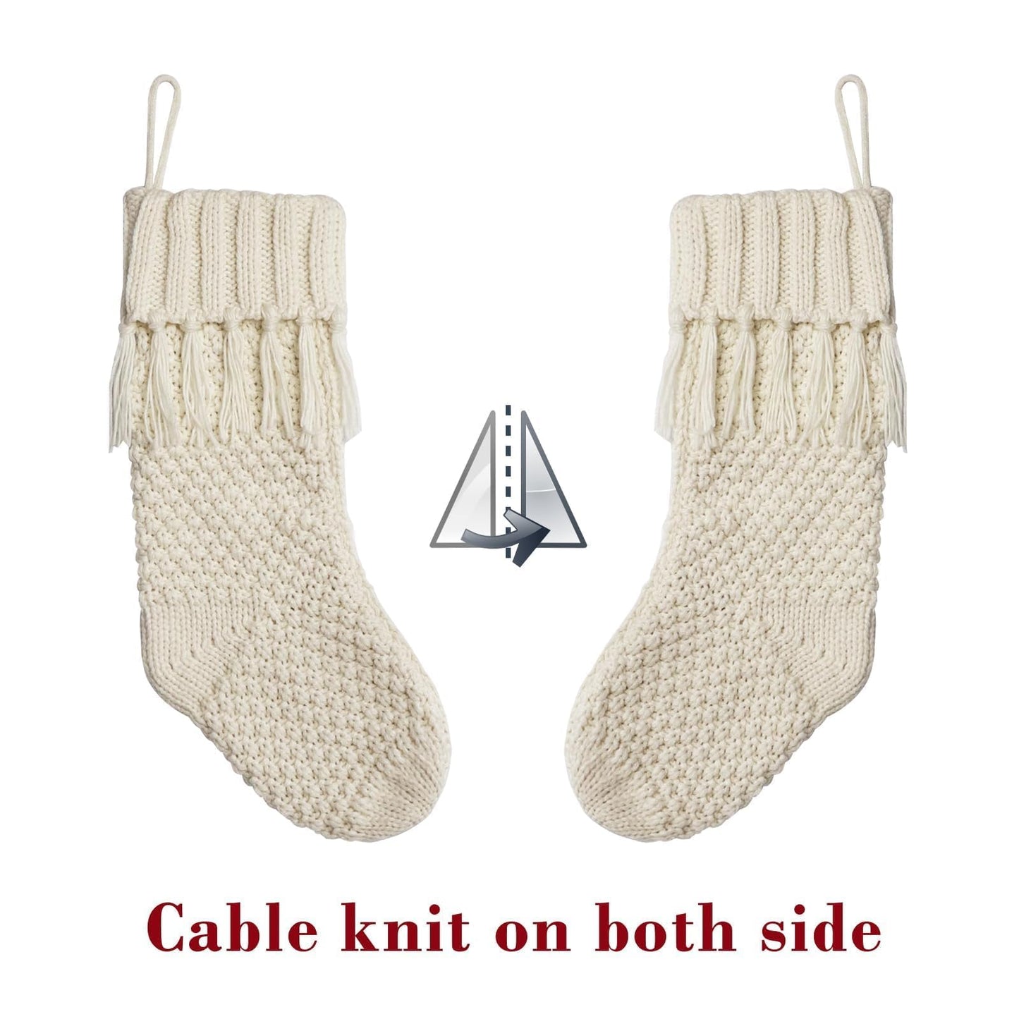 Farmhouse Personalized Knitted Christmas Stockings, 3 Packs 18 inche Knit Christmas Stockings, Rustic Farmhouse Boho Style Stocking Decorations for Family Holiday Season Decor, White & Beige