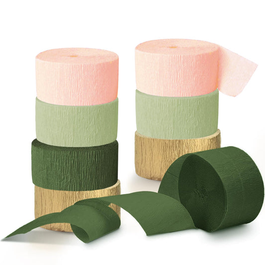 NICROHOME EUR Wedding Party Decorations, 8 Rolls Moss Sage Green Pink Crepe Paper Streamers for Boho Baby Shower, Wedding, Engagement Party, Spring Party, Birthday Party Supplies, 82 ft Long