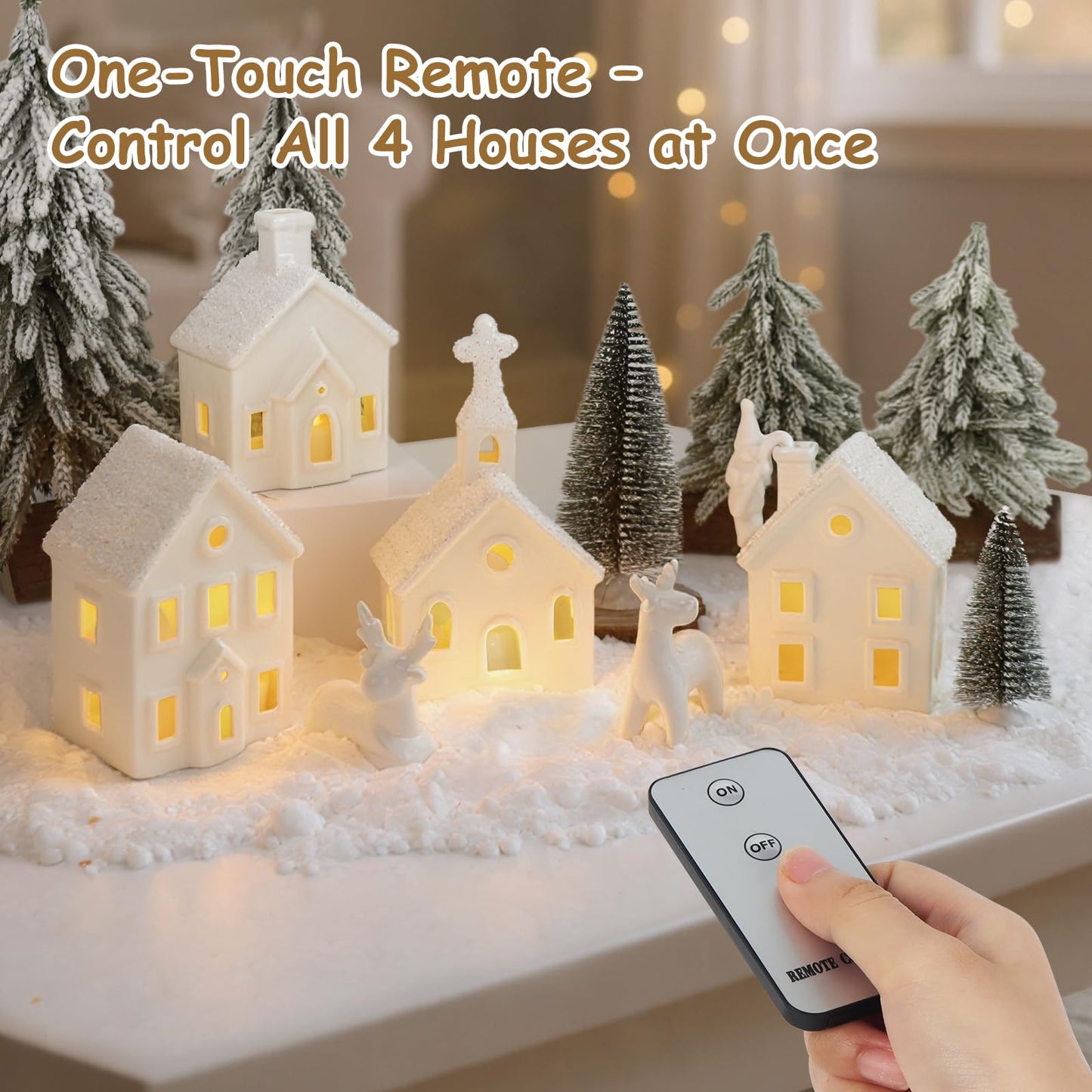 Christmas Decorations Indoor - 9 Piece Christmas Village Sets with 4 Remote Control Lighted Ceramic Houses, 2 Trees, 2 Deer & Santa - Neutral White Farmhouse Holiday Decor for Home Table Room(White)