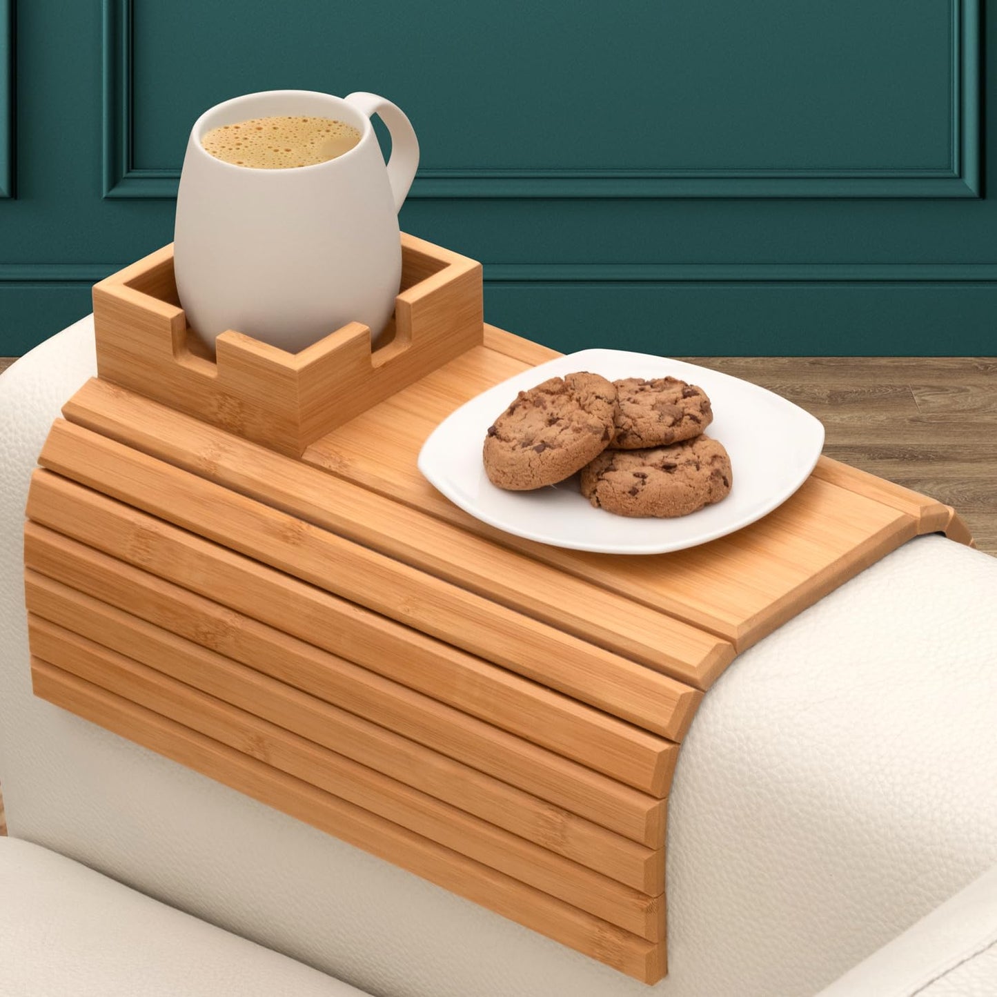 FUN FOREST Bamboo Couch Holder - Non-Slip Furniture Protector, Sofa Armrest Table for Mugs & Tumblers – Weighted 16” Large Natural Bamboo Holder for Recliners and Loveseats