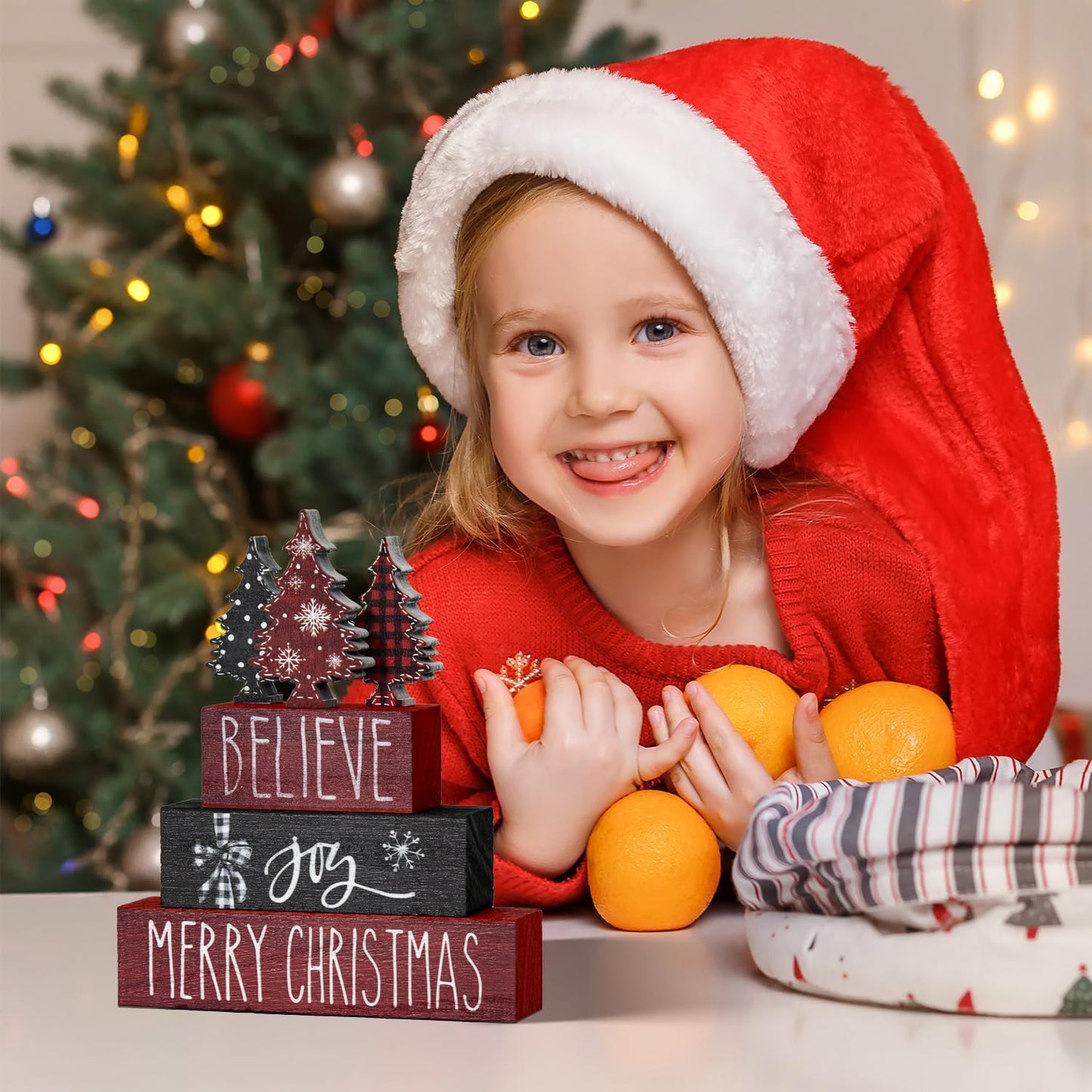 Smile 4 Pcs Merry Christmas Signs, Wooden Tabletop Decor, Believe Joy Xmas Trees, Ornaments for Home Shelf Mantel Fireplace.