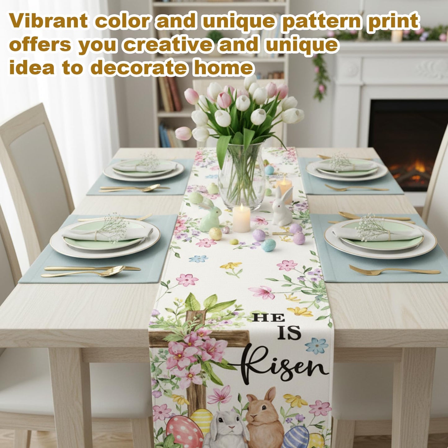 MIRJXB Easter Table Runner, Seasonal Spring Kitchen Dining Table Decoration, Holiday Party Table Setting for Home Decor, 1 Piece Table Runner for Family Gatherings
