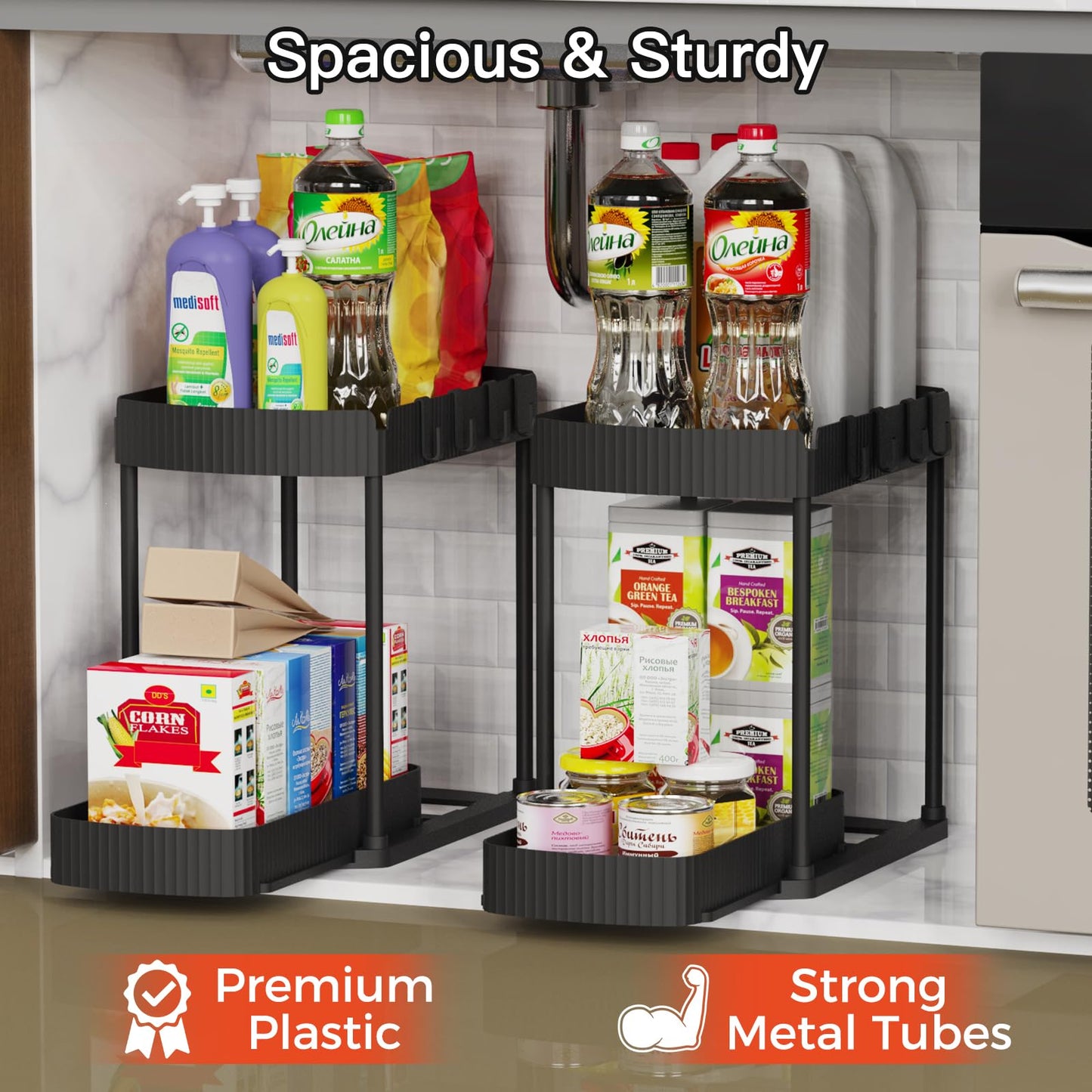 Ukeetap Multi-Purpose Pull-Out Storage Organizers, Under Sink/Cabinet Organizers and Storage for Bathroom & Kitchen, Black, 12.8 Inches, 2 Packs