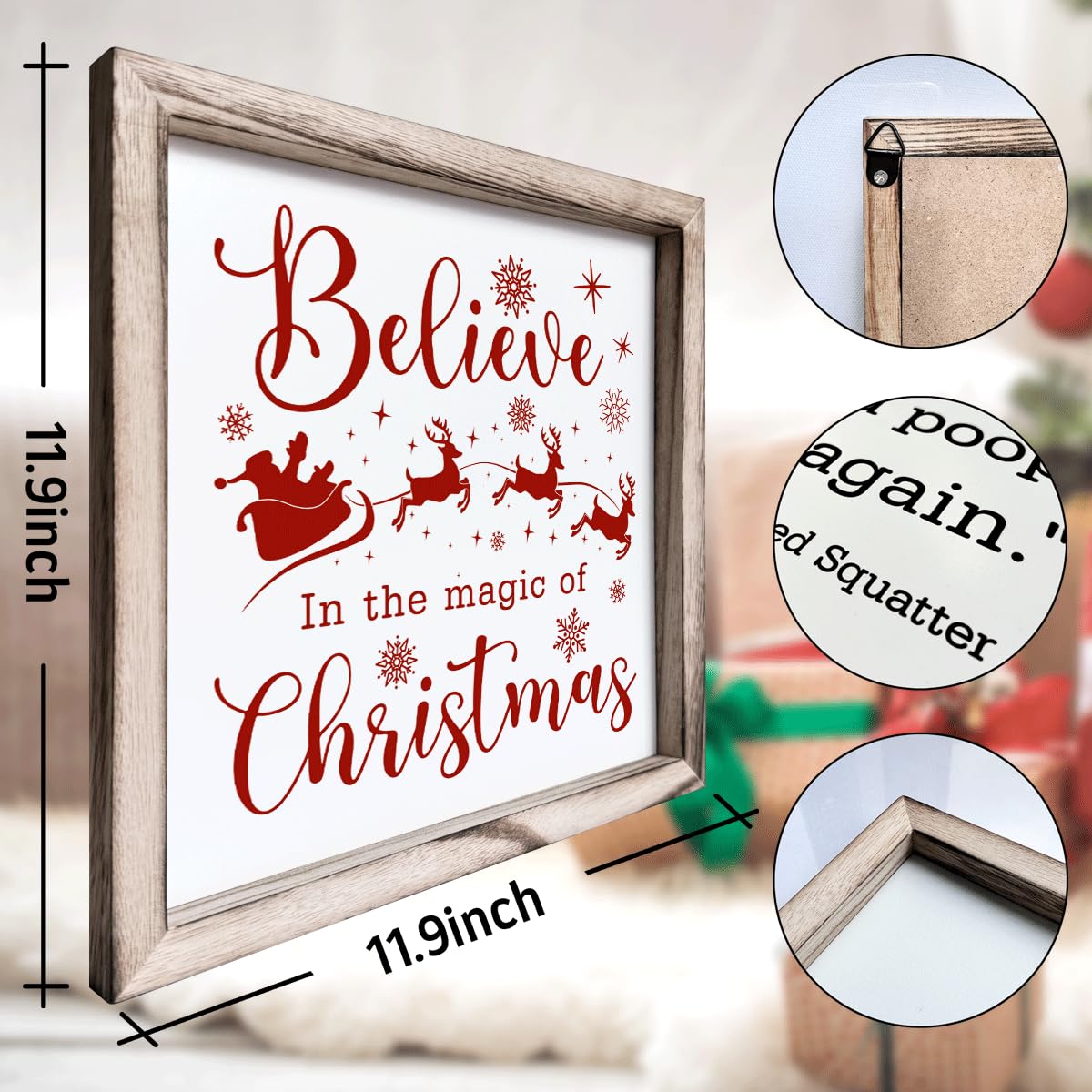 Christmas Wall Decor, Believe in the Magic of Christmas Quote Sign, Santa Sleigh Framed Wood Wall Accent for Cozy Living Room or Bedroom, MDF Holiday Hanging Plaque