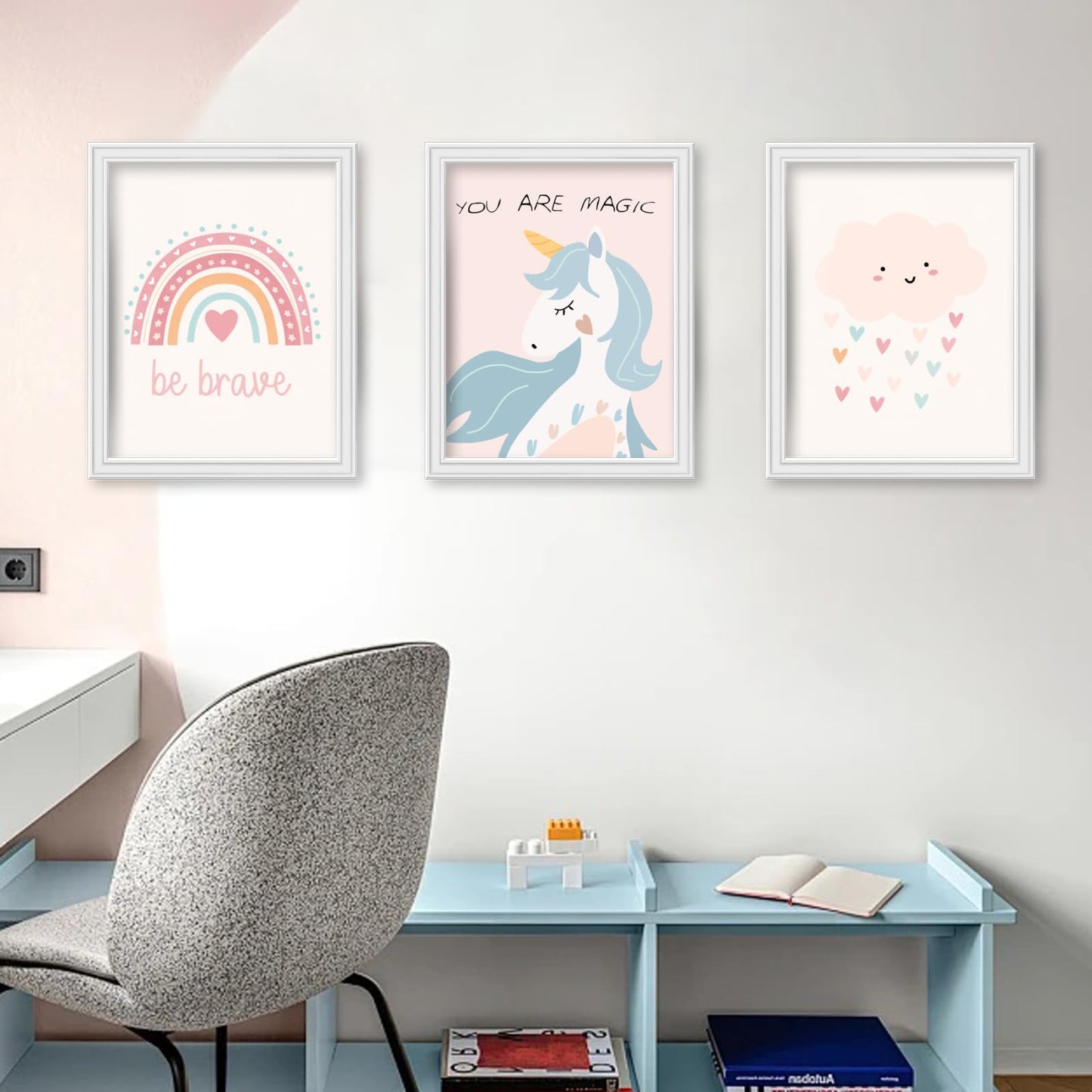 JJY 9 Pcs Cartoon Castle Wall Art Decor for Girls Room -Inspirational Rainbow Wall Art Prints -Whimsical Rabbit & Hot Air Balloon Wall Decor Posters Aesthetic for Kids Room Lovely Gift (Unframed)