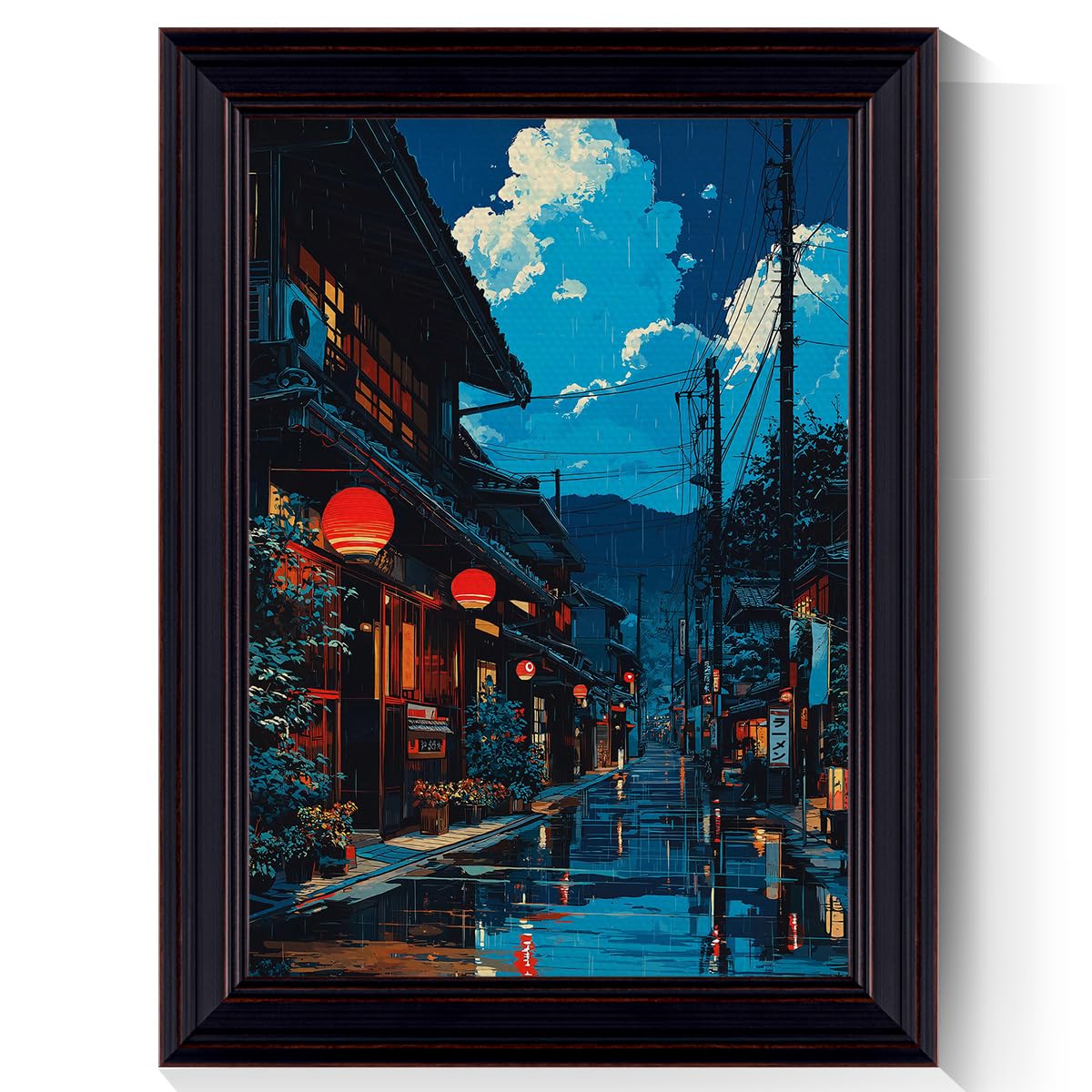 Framed Japanese Canvas Wall Art, Cartoon Style Tokyo Tea House Anime Poster, Modern Ukiyo-e City Street Cafe Scene Painting, Asian Japandi True-to-life Fine Art Print for Bedroom 8x10in
