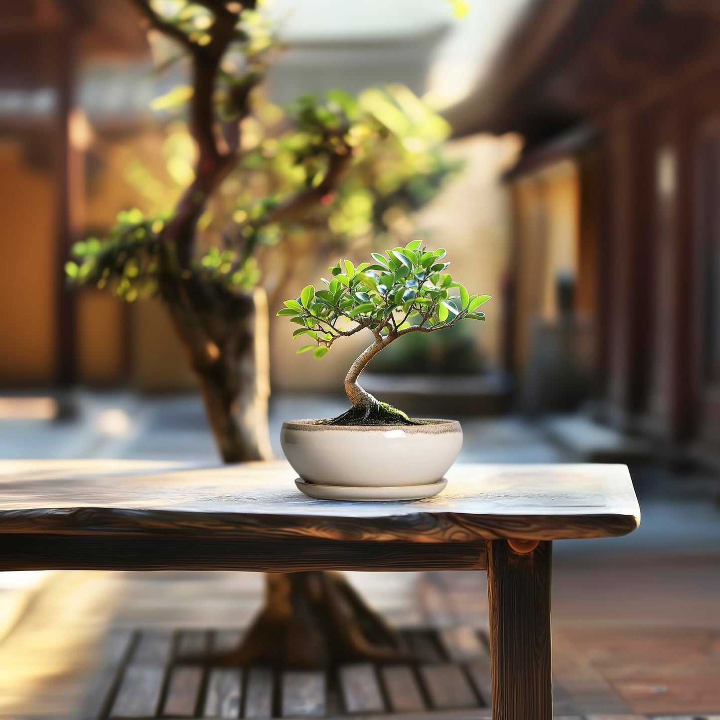 SQOWL Small Bonsai Pots - 6 Inch Ceramic Plant Pots for Succulents, Shallow Planter with Drainage Hole and Saucer, Round Planters for Indoor Outdoor Cactus Plants, House Decor, Birthday Gifts, Beige