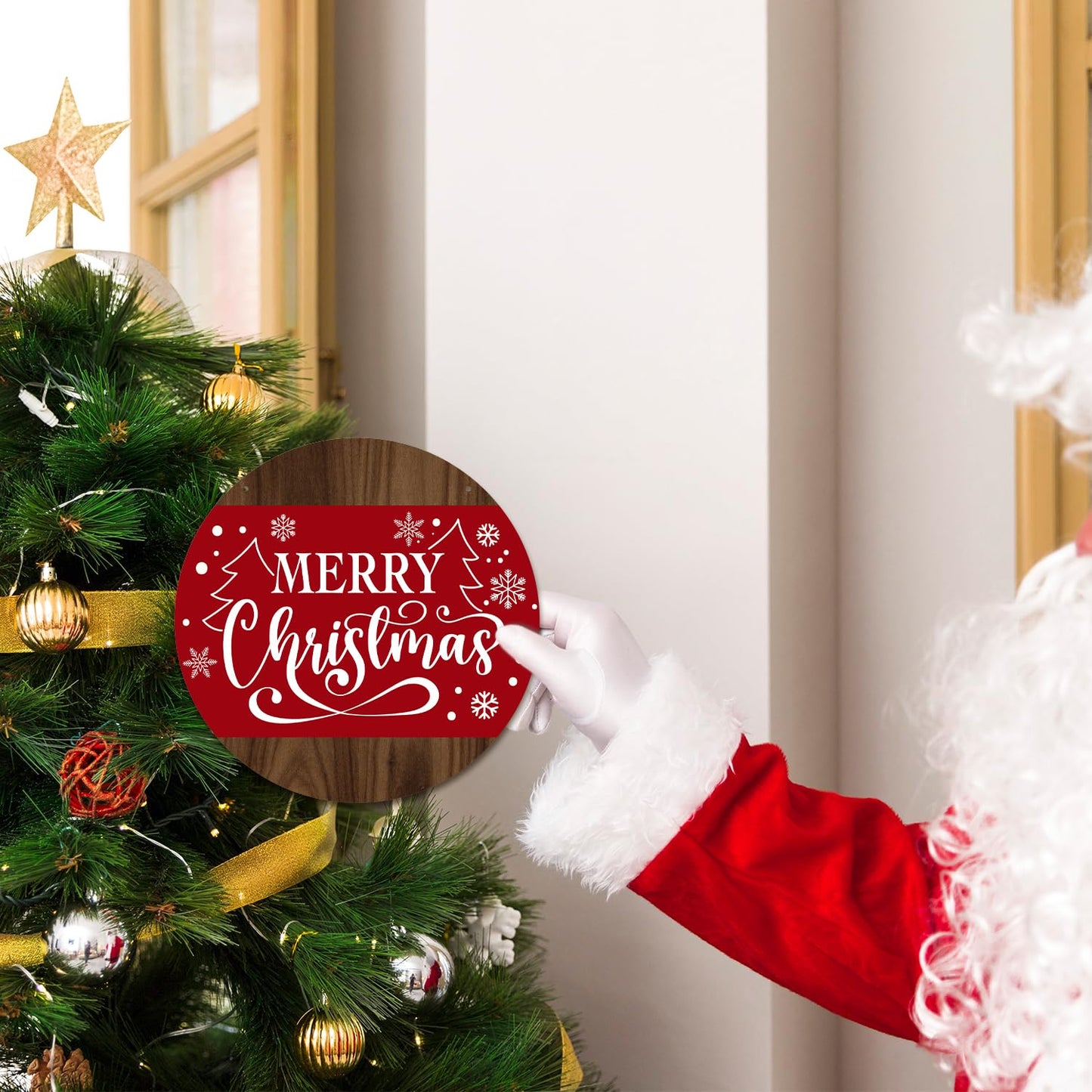 Merry Christmas Round Red Wooden Hanging Door Decor Sign - 8 Inch Christmas Door Hanger with Rope, Indoor/Outdoor Farmhouse Decor Supplies