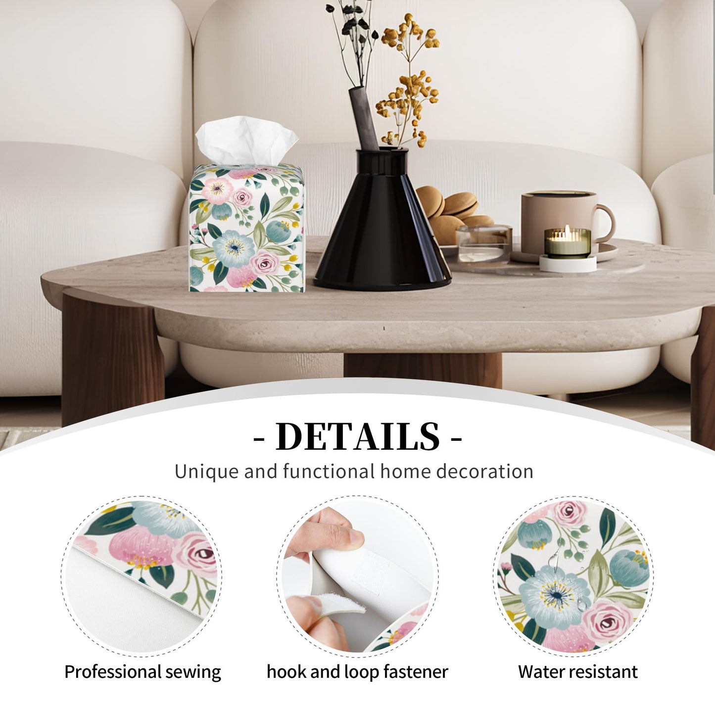 POIUBLE Spring Flowers Tissue Box Cover Leather Tissue Box Holder Square Facial Paper Organizer Dispenser for Bathroom Kitchen Bedroom Vanity Countertop Night Stands