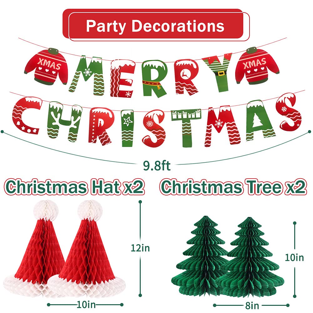 Christmas Party Decorations, Merry Christmas Banner Honeycomb Santa Hats Trees Hanging Snowflakes Paper Fans for Xmas Party Eve Holiday Home Decor
