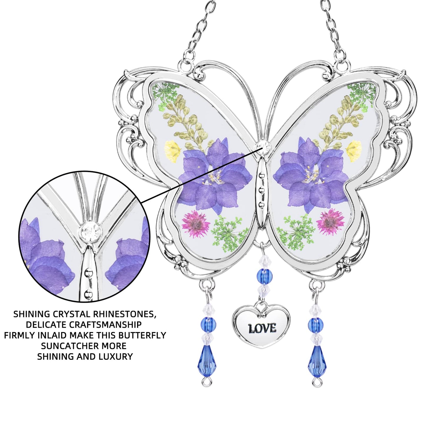 BOGDAN Crystal Butterfly Suncatcher with Pressed Flower Wings Mom Mother's Day Butterfly Glass Wind Chime Ornament Charm with Metal Heart Happy Birthday Gifts for Mom Grandma with Free Hook (Love)