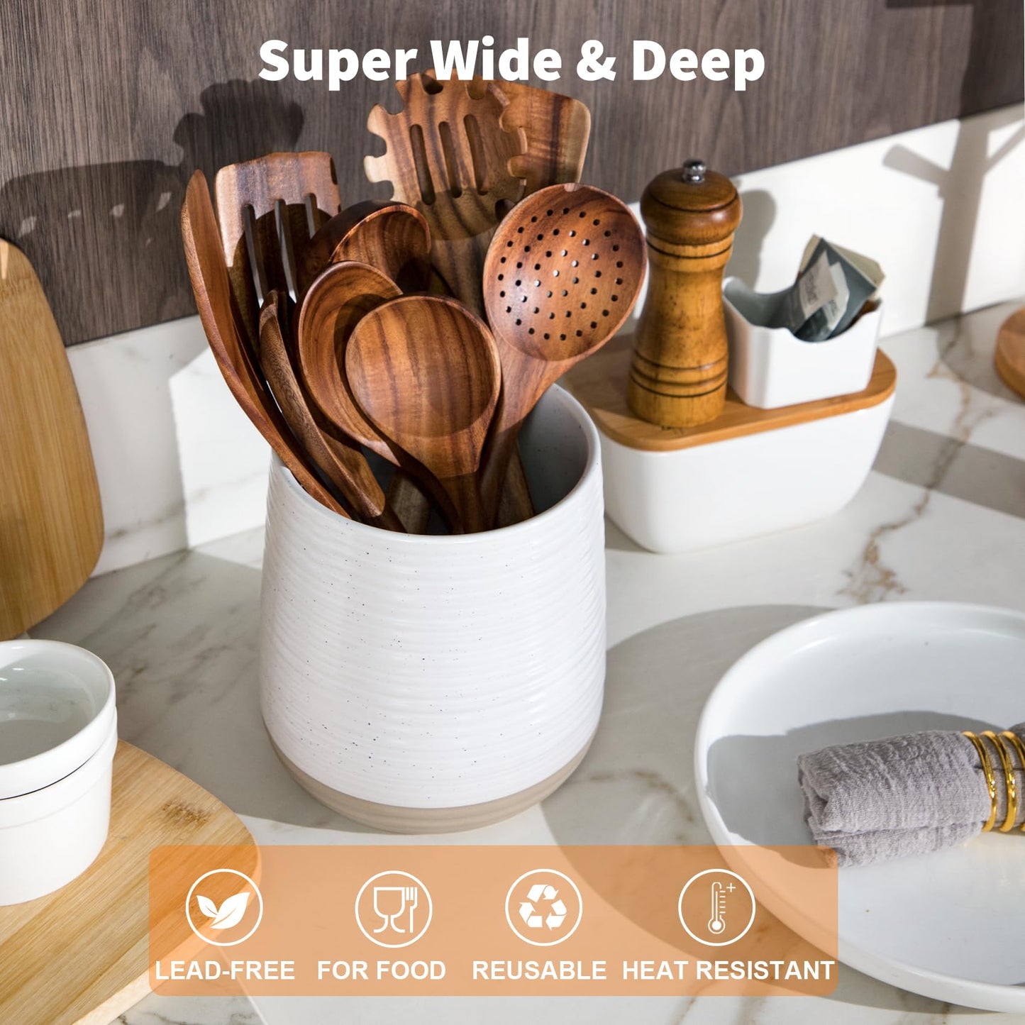 Officepal 6.8" Large Ceramic Kitchen Utensil Holder - Utensil Holder for Kitchen Counter, Modern Farmhouse Style Holder for Spoons, Spatulas & Cooking Tools (White)