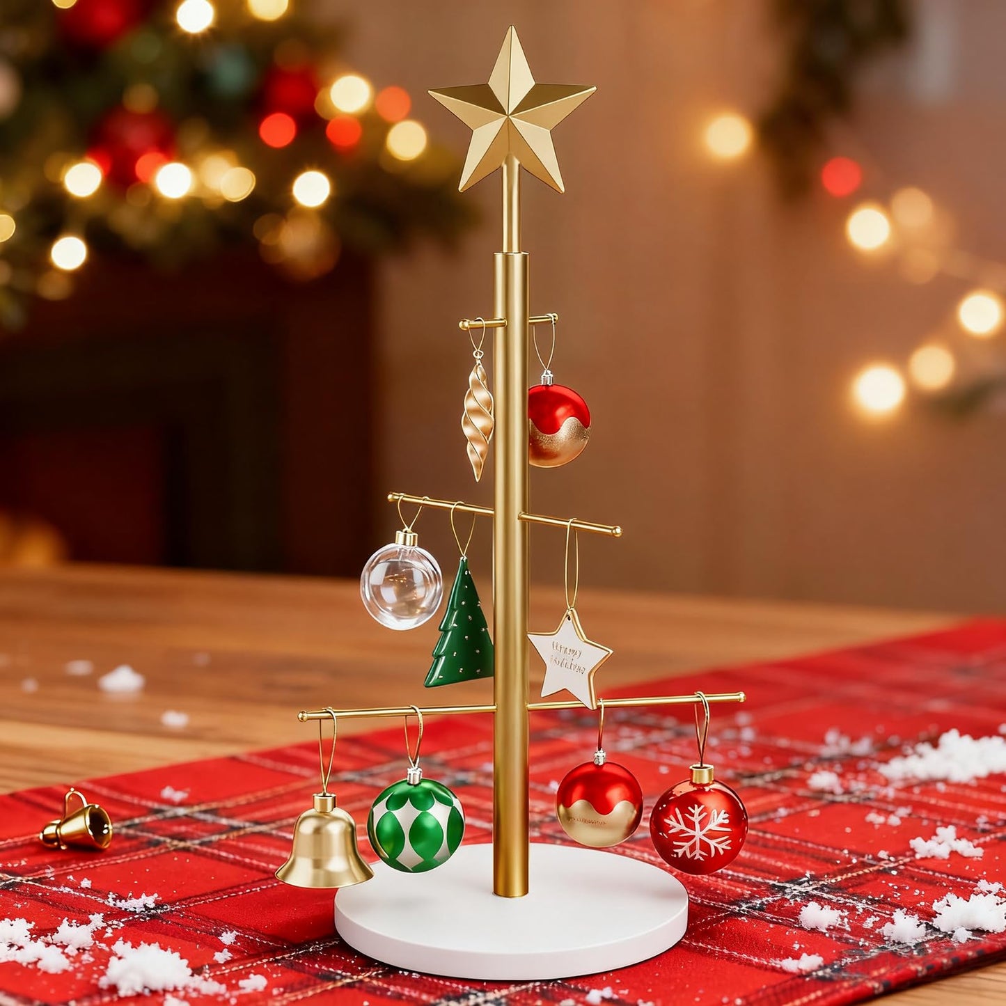 ELYKEN 22.8 Inch Christmas Ornament Display Stand Tree for Desktop with Wooden Stable Base, 6 Metal Holder for Baubles and Holiday Decorations, Gold