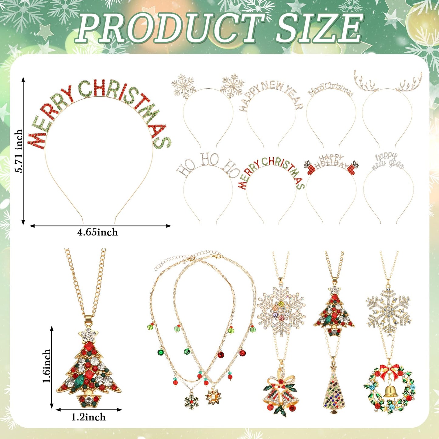 Quelay 16 Pcs Christmas Jewelry Set Include 8 Christmas Headbands 8 Pcs Xmas Necklaces Rhinestone Snowflake Deer Antlers Hairband Wreath Bell Necklace for Women New Year Party Favor Gift Accessory
