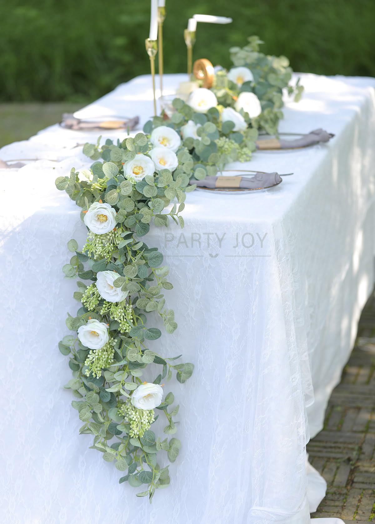PARTY JOY 6.56ft Eucalyptus Garland with Flowers-8 White Roses, Artificial Fake Flowers Greenery Garland Floral Vines for Decoration Party Wedding Table Indoor Outdoor Backdrop Wall Decor(White)