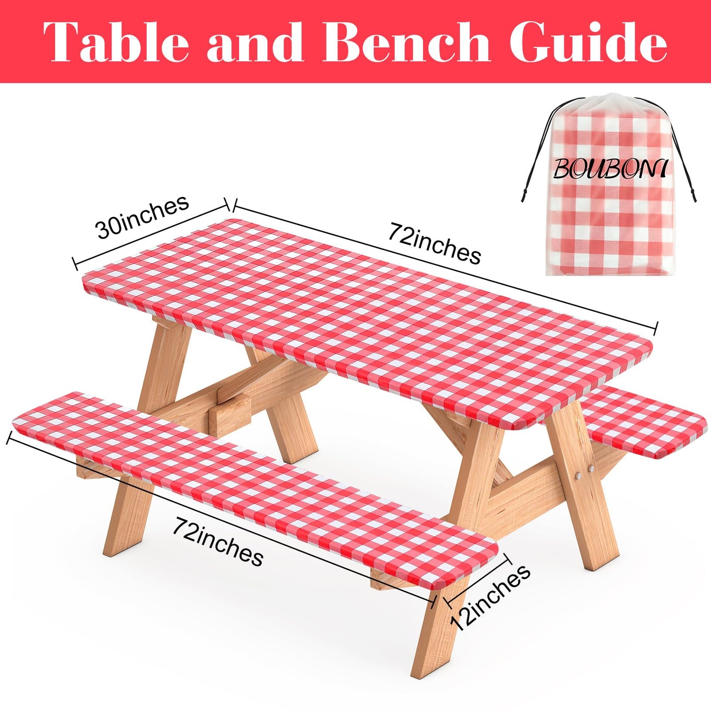 BOUBONI 3 Pcs Set Fitted Picnic Table Cover with Bench Covers Vinyl Camping Table Cloth Flannel Backing for 6ft Tables Camping Outdoor (Red Checked, 30 x 72 Inches)